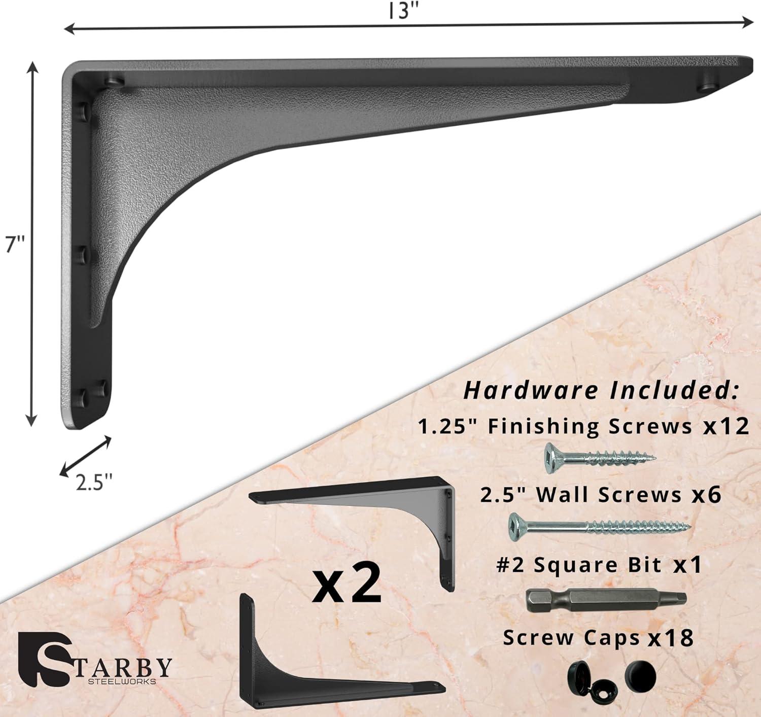 Gladiator Solid Heavy Duty Welded 500 Lb Low Profile Granite Countertop Support Shelf Brackets Floating Shelf Discrete Slim 500 LB Capacity (2 Pack) (7" x 13" x 2.5")