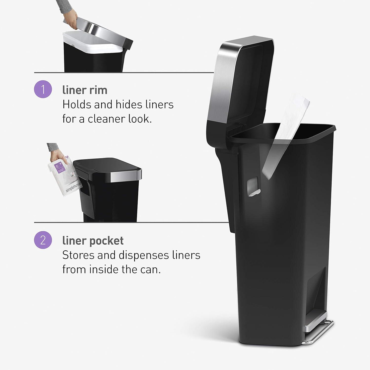 Simplehuman 45 Liter Rectangular Kitchen Trash Can with Liner Pocket, Grey Plastic
