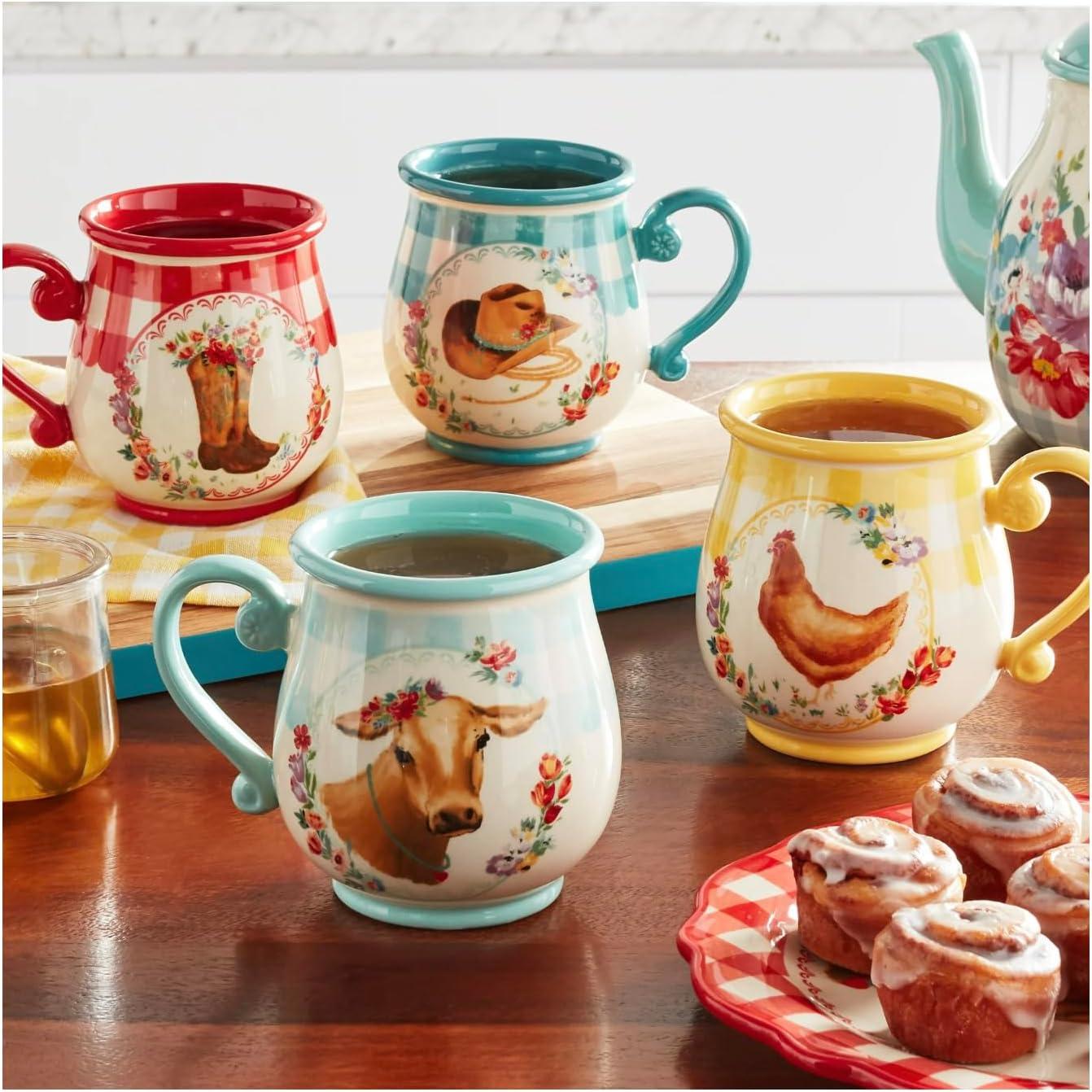 The Pioneer Woman Novelty Gingham 16 oz Multi-Color Stoneware Mugs, Set of 4
