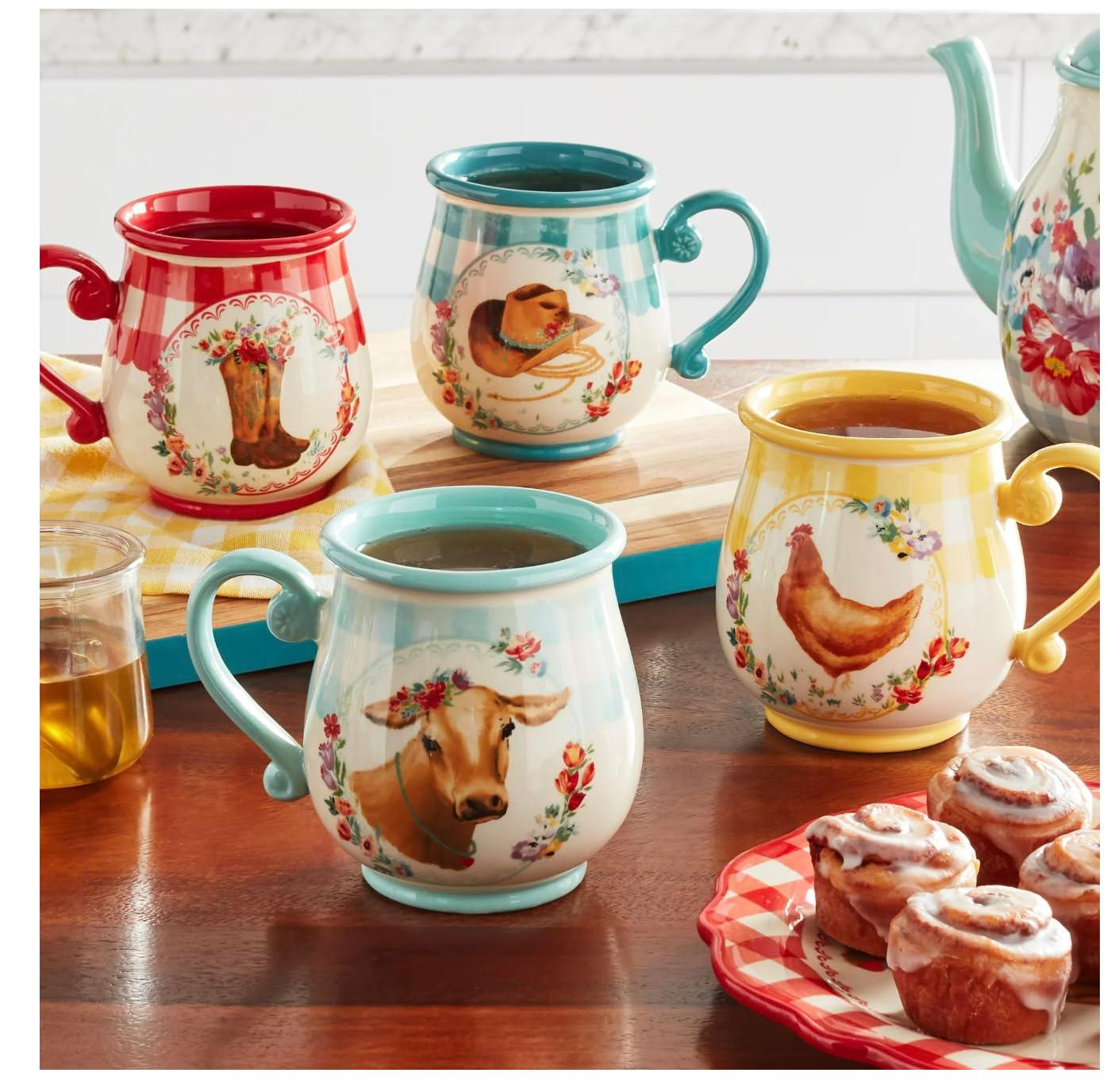The Pioneer Woman Novelty Gingham 16 oz Multi-Color Stoneware Mugs, Set of 4