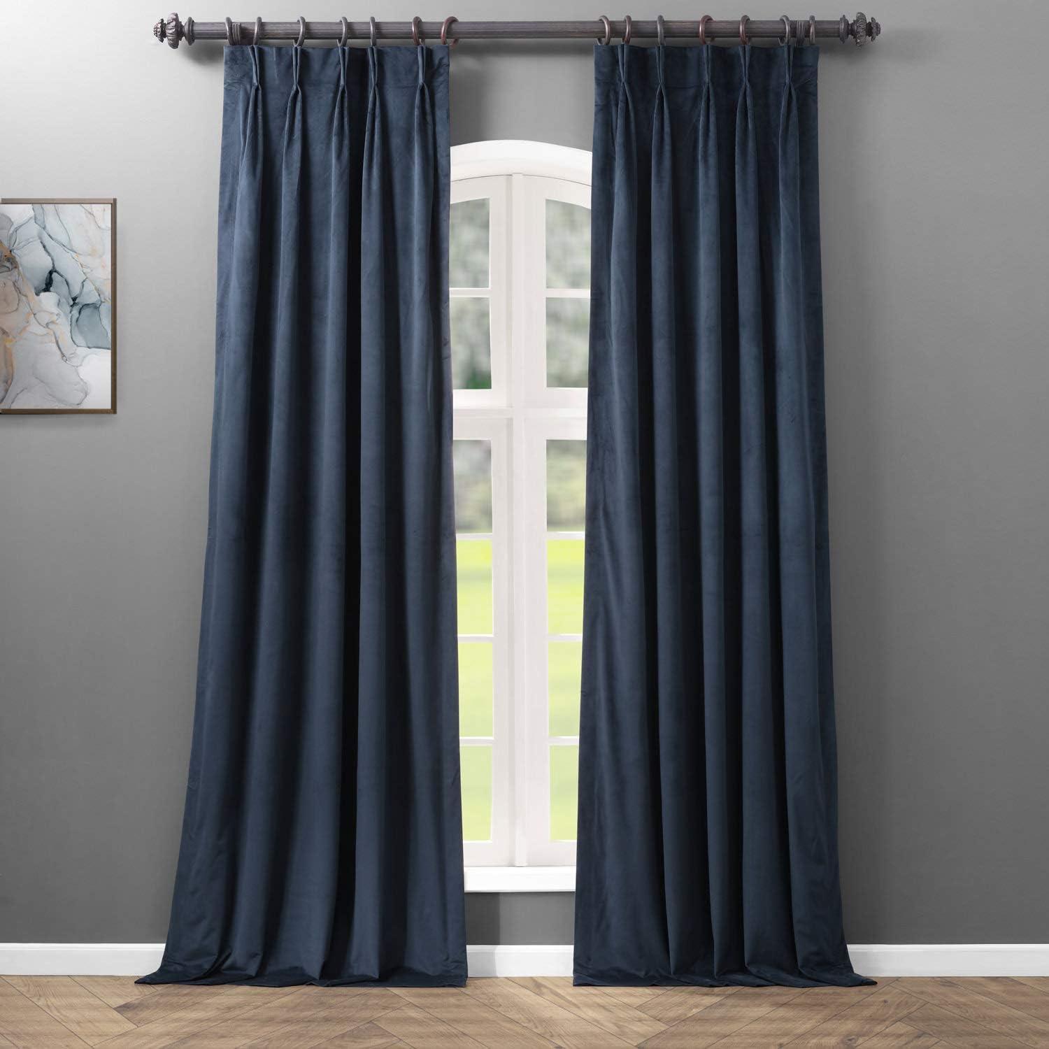 Midnight Blue Velvet Blackout Pleated Curtain Panel 96"