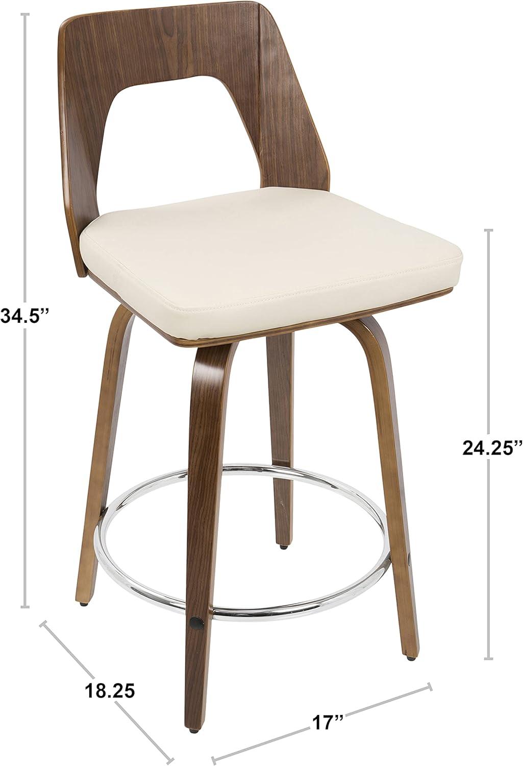 LumiSource Set of 2 Trilogy Upholstered Counter Height Barstools Brown/Walnut: Swivel, Chrome-Plated, Faux Leather