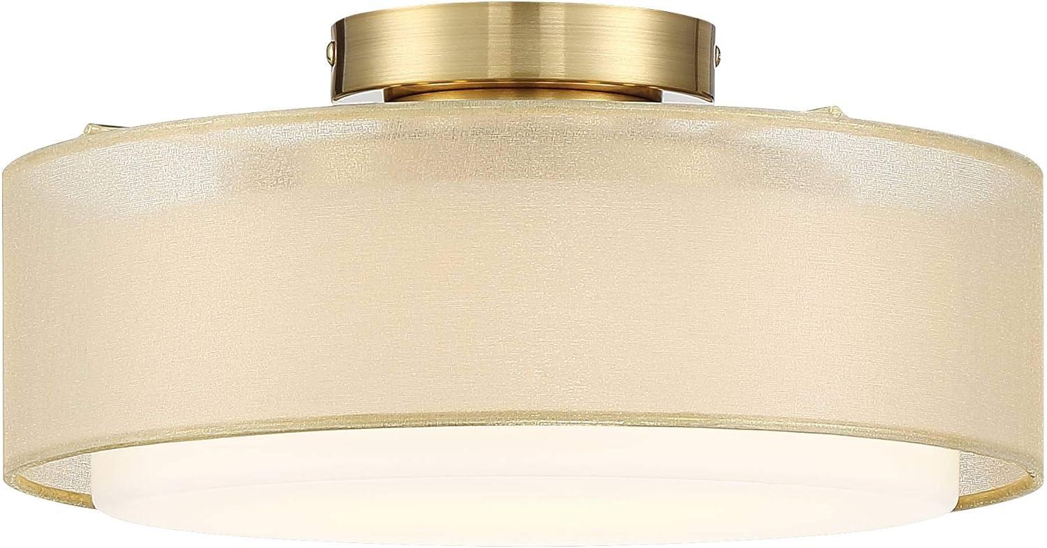 Possini Euro Design Ceiling Light Semi Flush Mount Fixture 12 1/2" Wide Plated Gold 2-Light Sheer Fabric Outer Opal White Glass Drum Shade for Bedroom