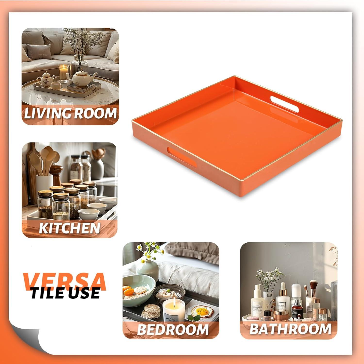 MAONAME Decorative Tray, Orange Serving Tray with Handles, Coffee Table Tray, Square Plastic Tray for Ottoman, Bathroom, Kitchen, 13"x13"x1.57"