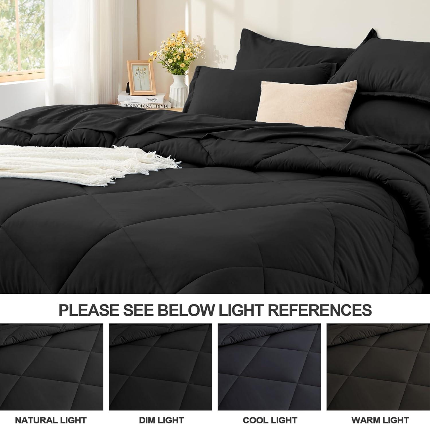 Litanika Black King Size Comforter Set with Sheets - 7 Pieces Bed in a Bag King Beddding Sets, Solid Lightweight Reversible Bed Set with Comforter, Sheets, Pillowcases & Shams