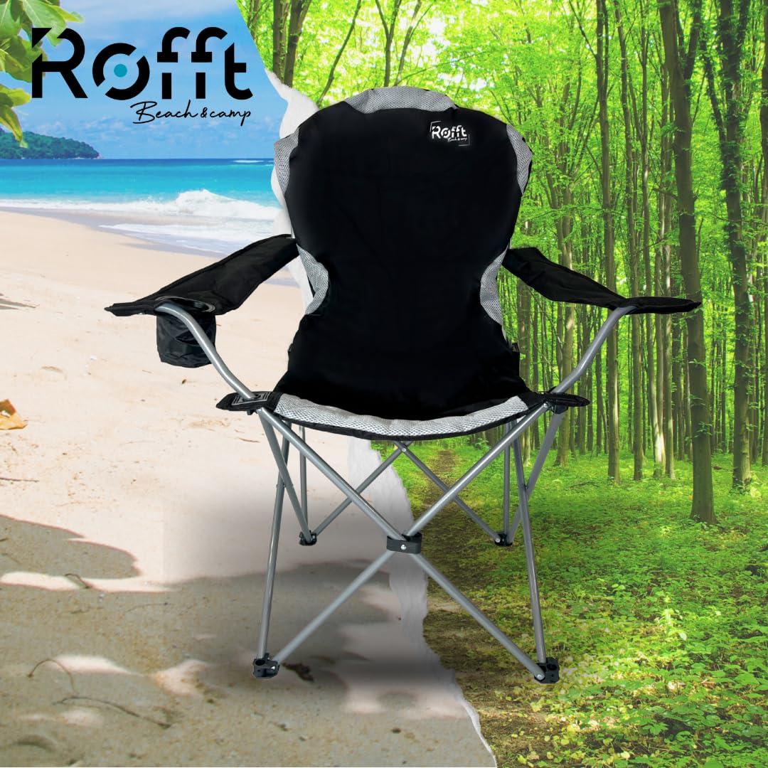 ROFFT Camping Chair, Folding, Heavy Duty, Portable, 250 lb Capacity, High Back, with Cup Holder, Black