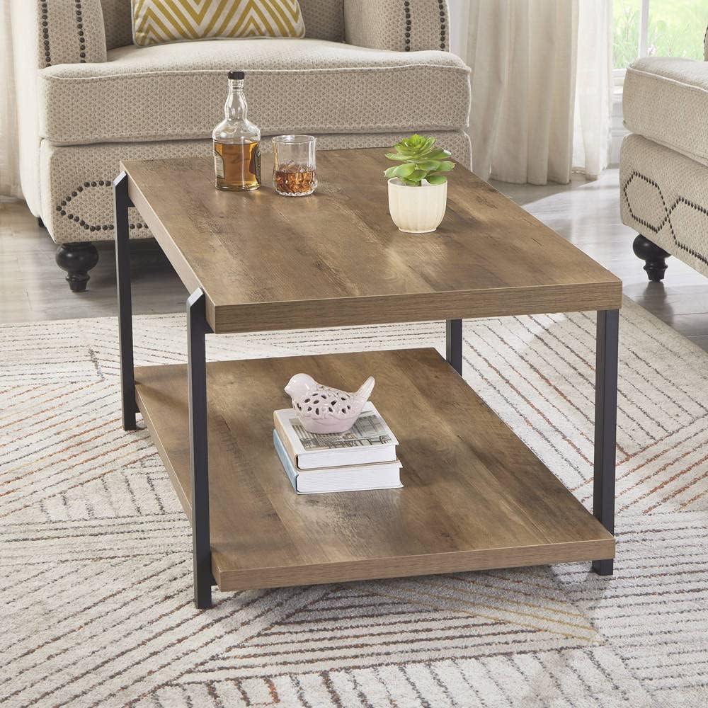 Oak and Black Industrial Rectangular Coffee Table with Shelf