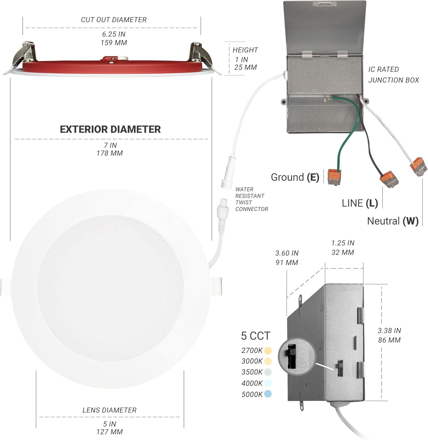 6 in. 2 HOUR Fire Rated Slim Canless LED Recessed Light 15W, 5CCT, 1200LM Dimmable IC Rated 6PK