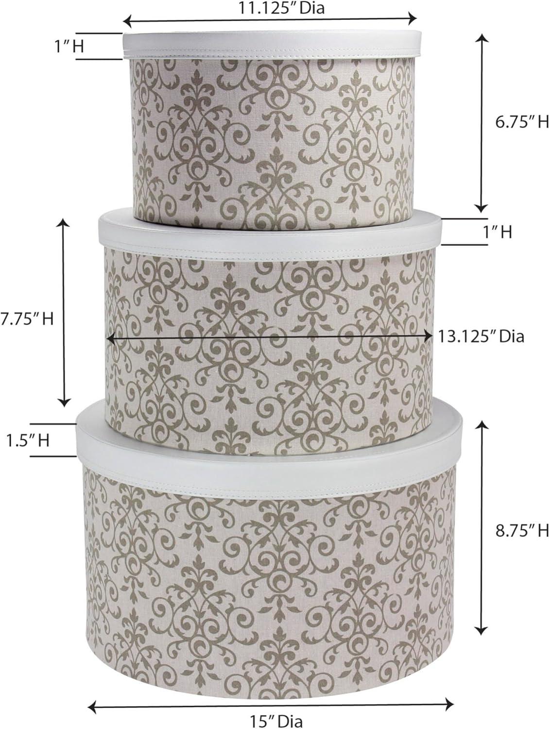Round Hat Boxes with Lids, Vibrant Scallop Print with Faux Leather Lids, Large, Medium and Small, Stackable and Nestable, Olive and Cream