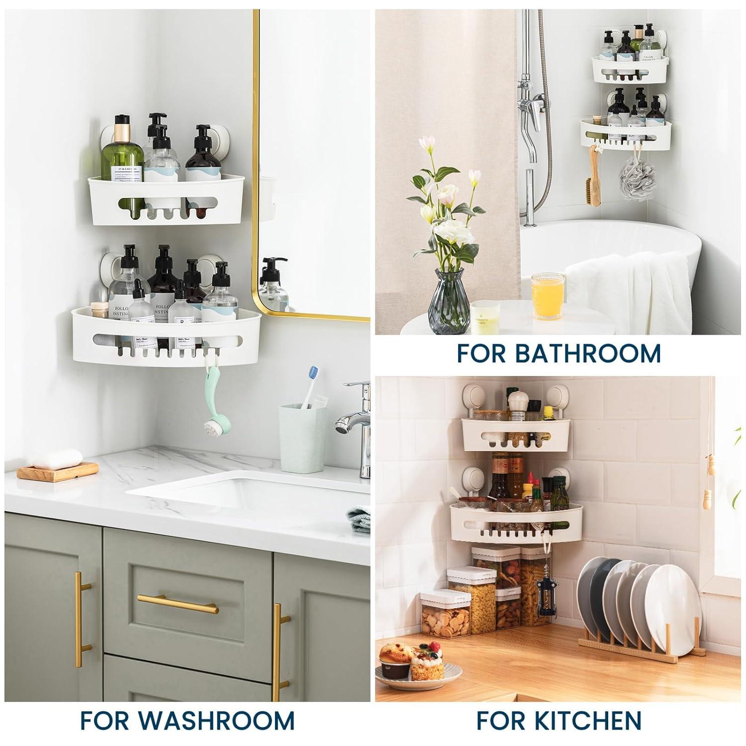 Shower Caddy Suction Cup 2 Pack With Hooks & Soap Holder, Heavy Duty Shower Organizer For Bathroom