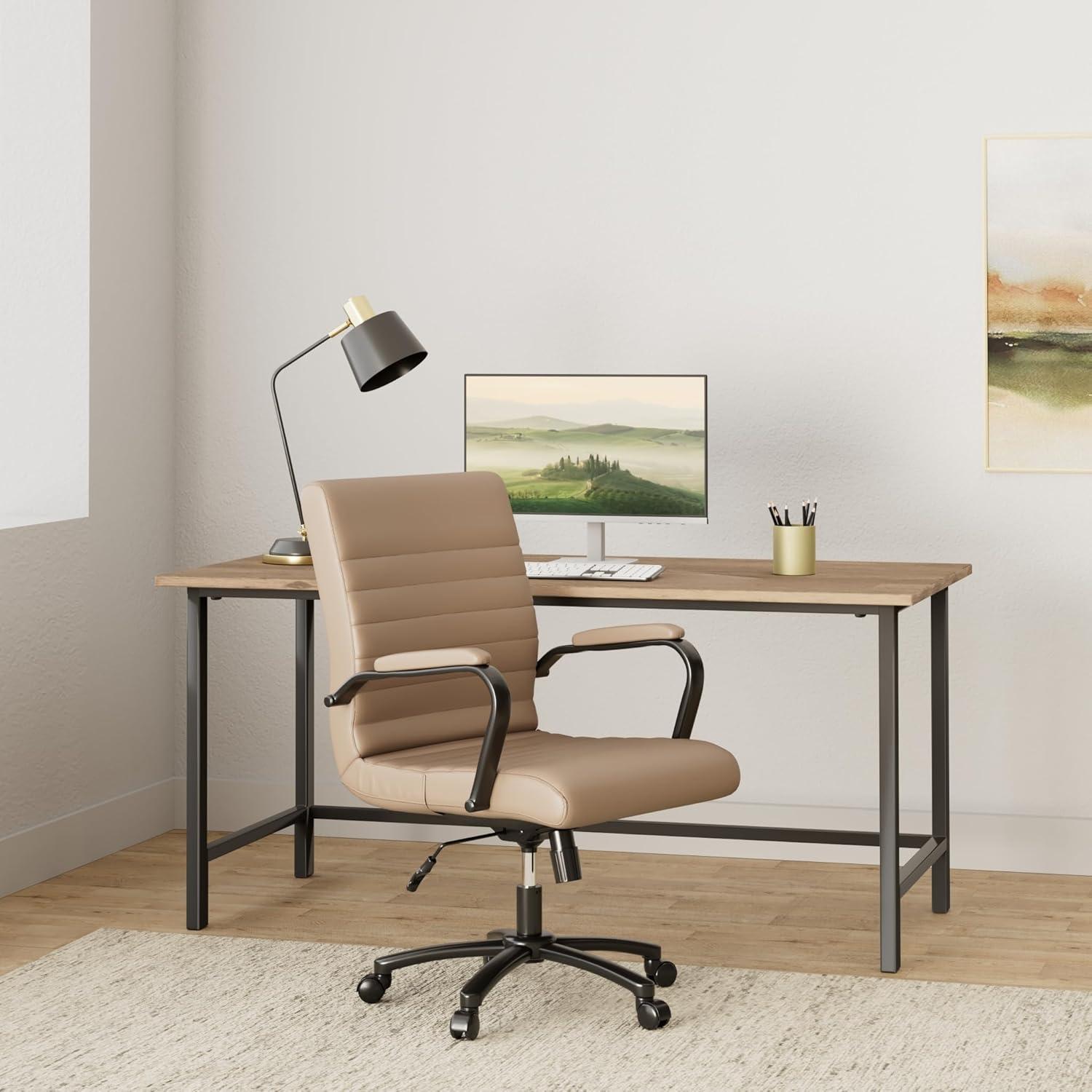 Brown and Black Leather Mid-Back Office Chair with Metal Frame