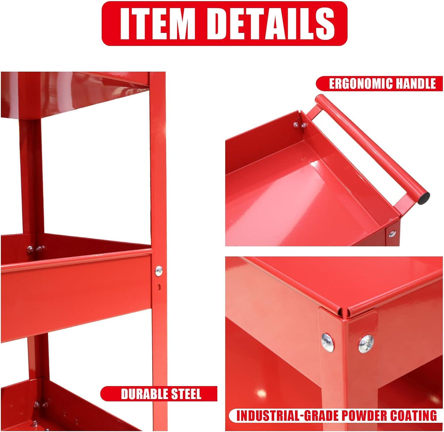 Red Heavy Duty 3-Tier Steel Utility Cart with Wheels