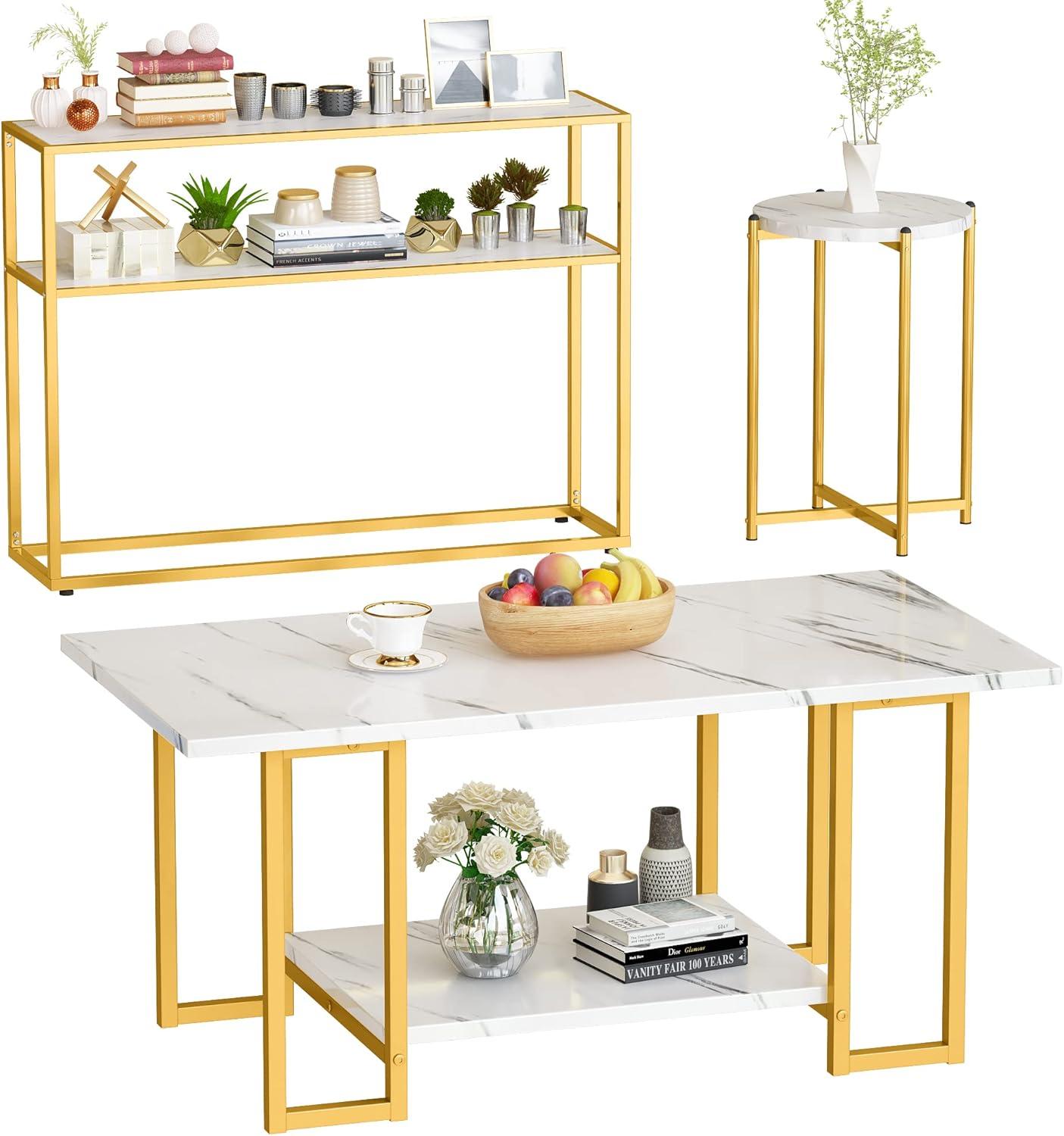 White Faux Marble and Gold Metal 3-Piece Table Set