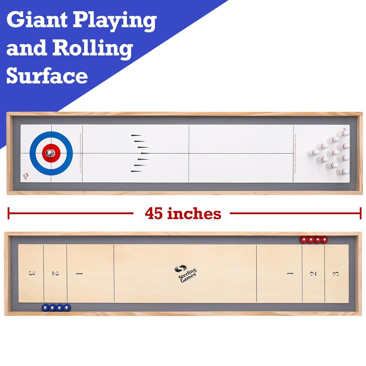 Sterling Games Tabletop Shuffleboard, Bowling and Curling 3 in 1 Combo Game Board Set for Kids and Family