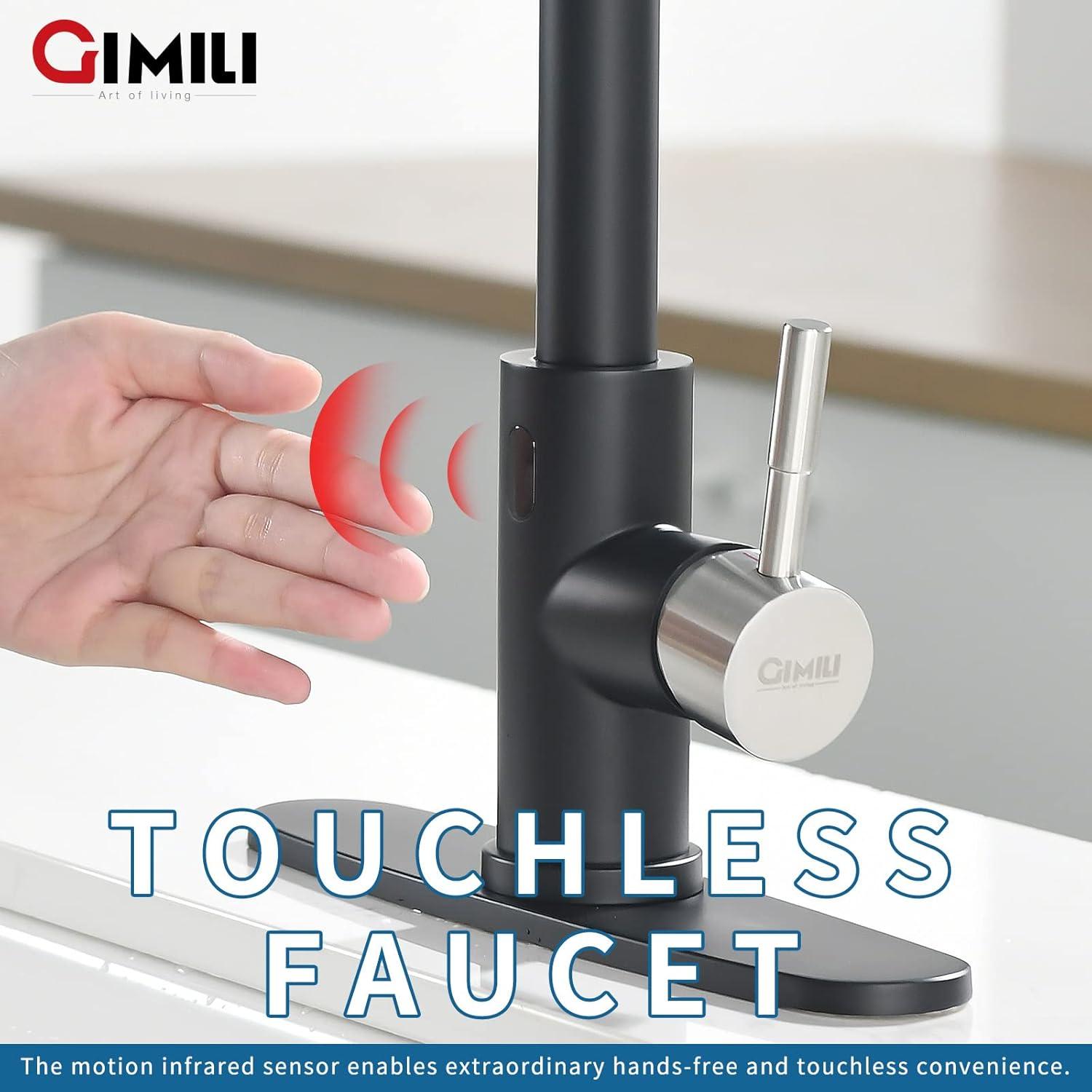 GIMILI Black and Gold Touchless Kitchen Faucet with Pull Down Sprayer Motion Sensor Smart Hands-Free Activated Single Hole Spring Faucet for Kitchen Sink