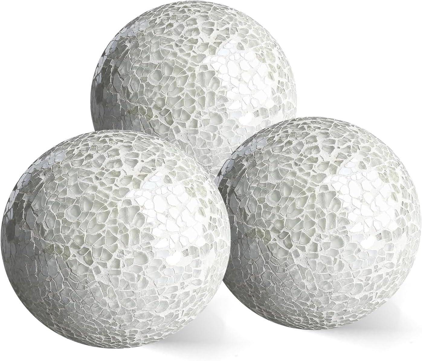 Set of 3 White Glass Mosaic Decorative Sphere Balls