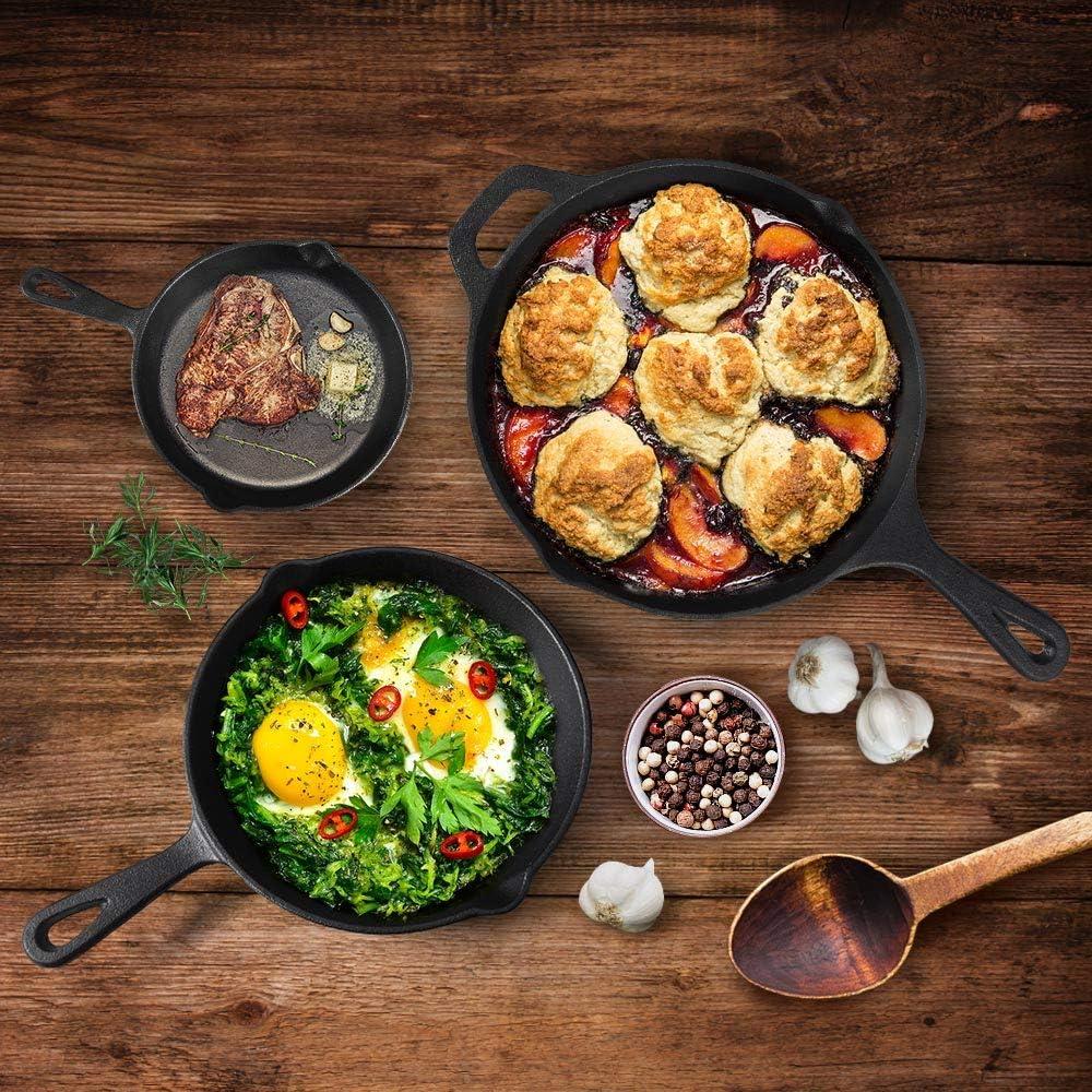 Pre-Seasoned Cast Iron Skillet Set of 3 | 6", 8" & 10" Cast Iron Frying Pans with 3 Heat-Resistant Holders - Indoor and Outdoor Use - Oven Grill Stovetop Induction Safe Cookware