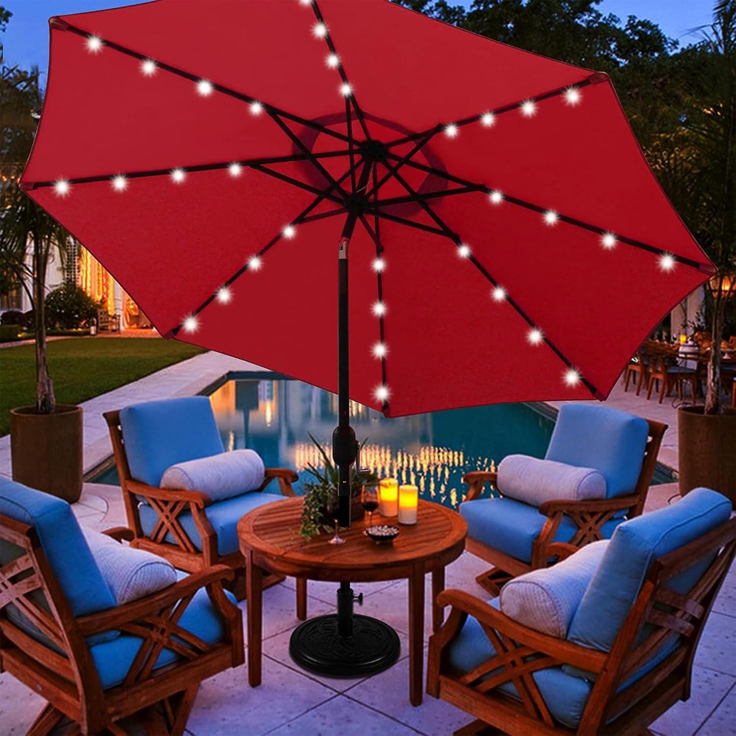 Red 9 ft LED Lighted Patio Umbrella with Stainless Steel Pole