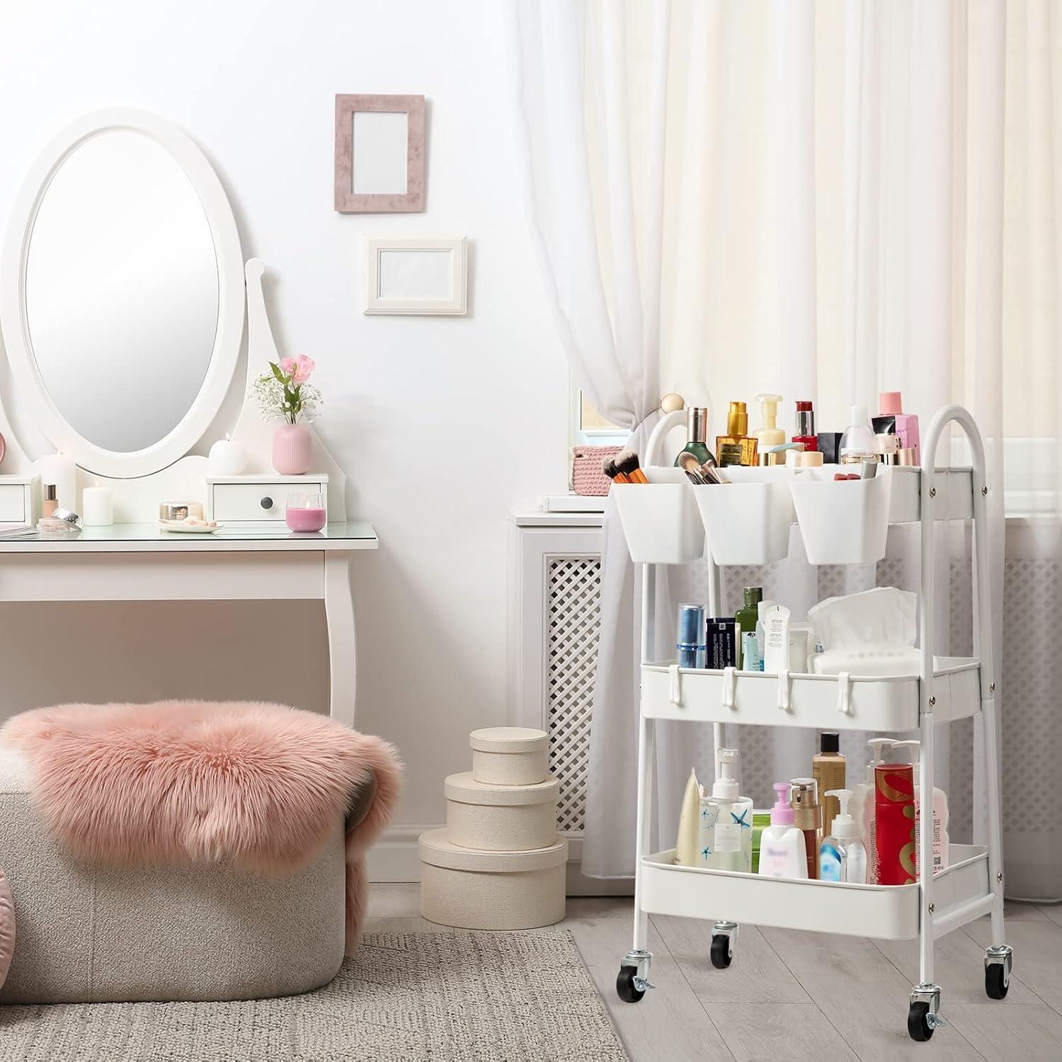 danpinera 3 Tier Metal Rolling Cart with Wheels Craft Cleaning Utility Cart for Storage-White