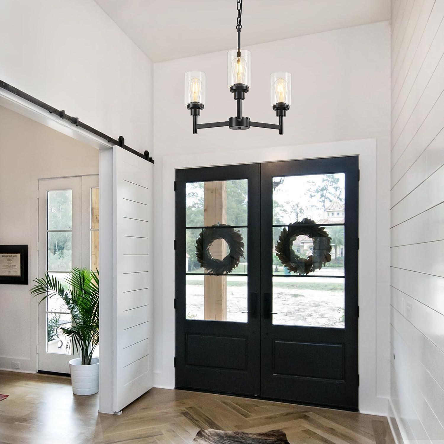 Black Chandelier for Dinning Room Living Room Island Kitchen Chandelier Light Fixtures Over Table, 3 Light Farmhouse Chandelier with Cylinder Clear Glass, Height Adjustable