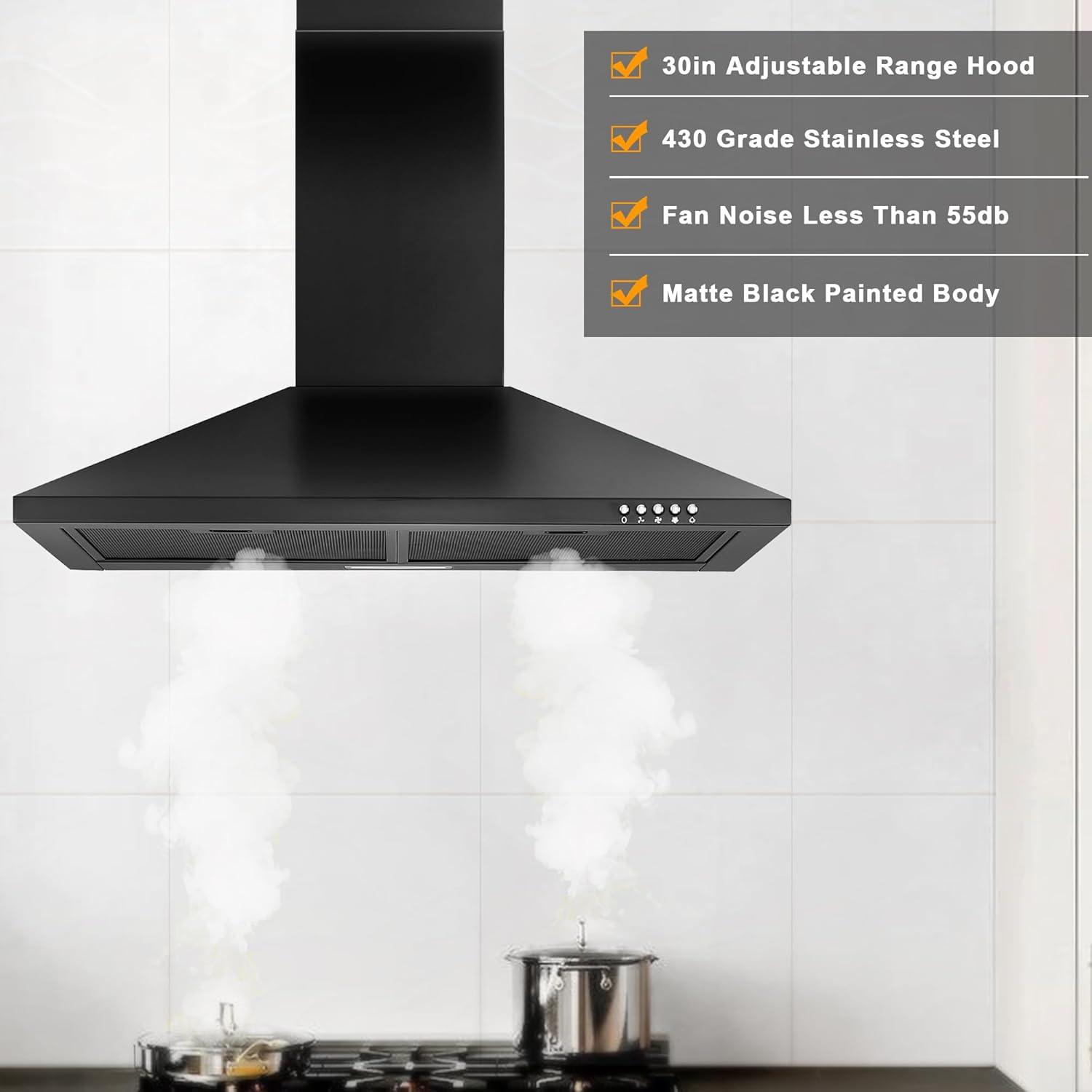 30 Inch Black Range Hood with Charcoal Filters, 450 CFM Stainless Steel Wall Mount Kitchen Hood, Button Control Over Stove Vent Hood with 3 Speed Noiseless Fan, LED Light (450CFM)