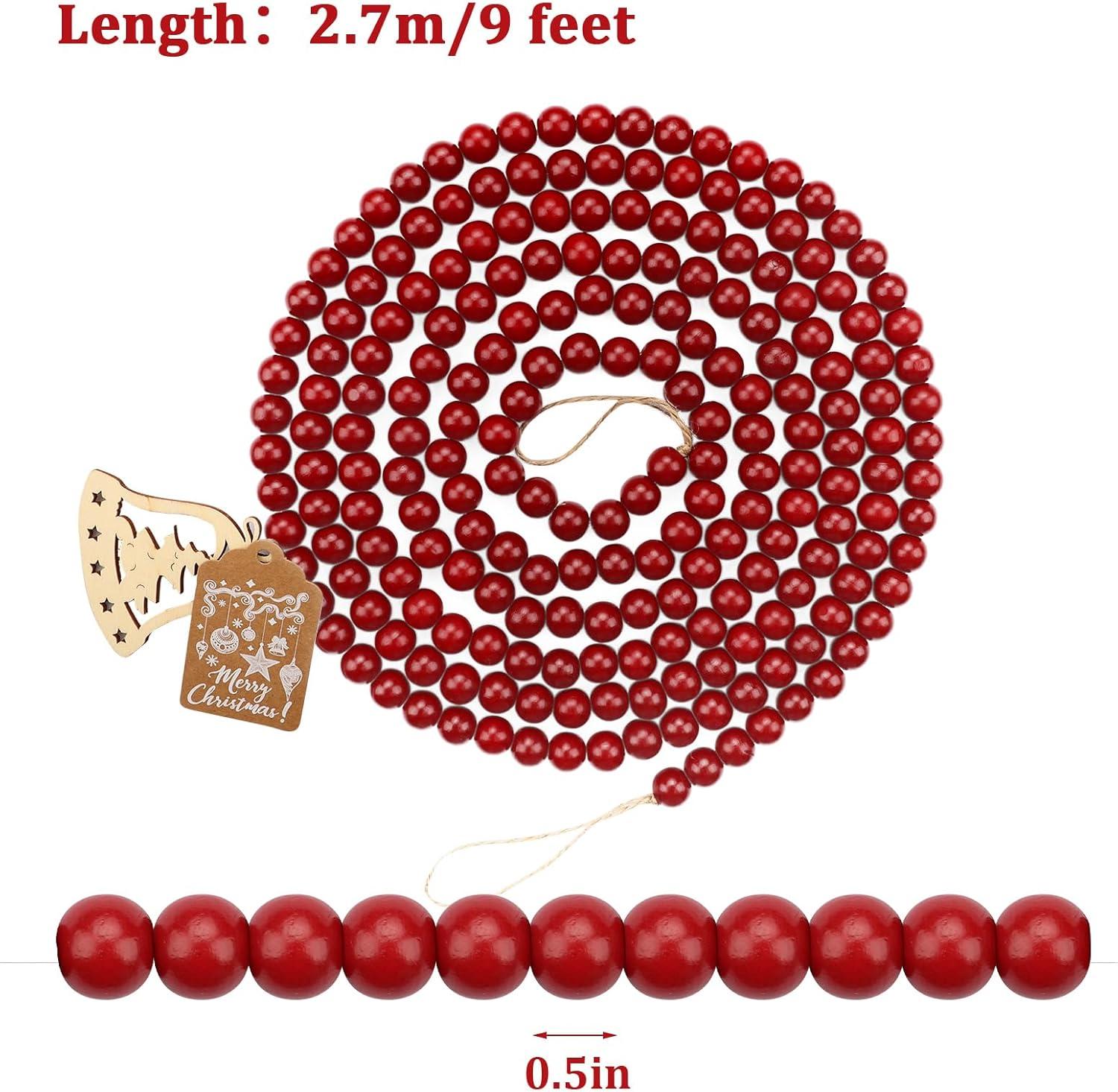 Kurt Adler Wooden Round Beaded Garland, Red, 9ft