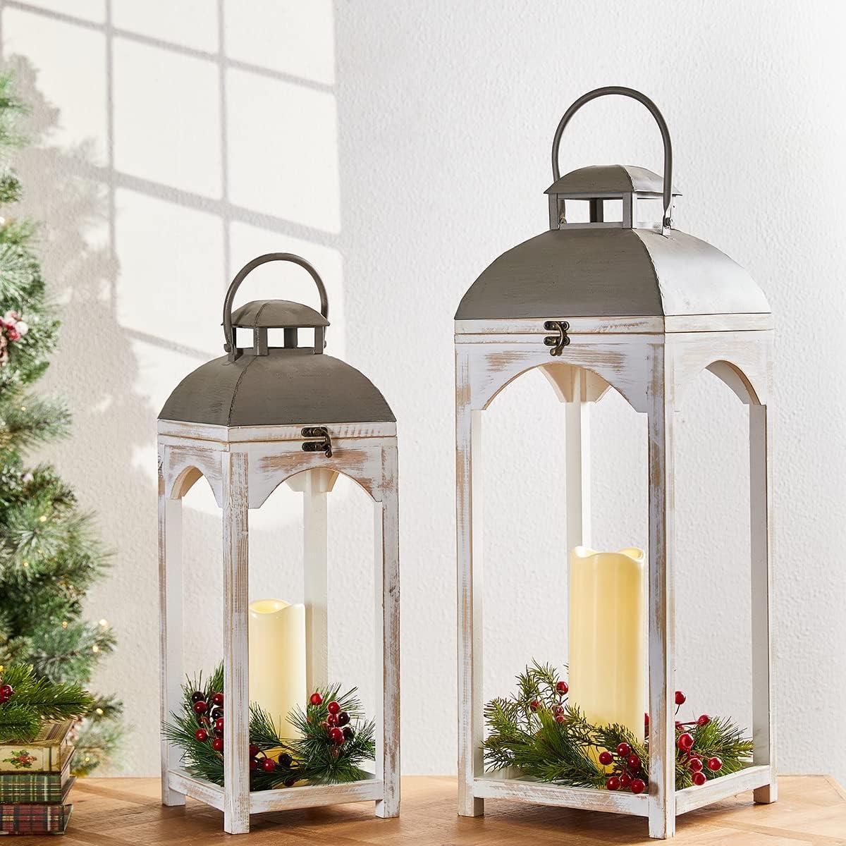 Farmhouse Wood Metal Lanterns Decorative Hanging Candle Lanterns White Set of 2 (No Glass)