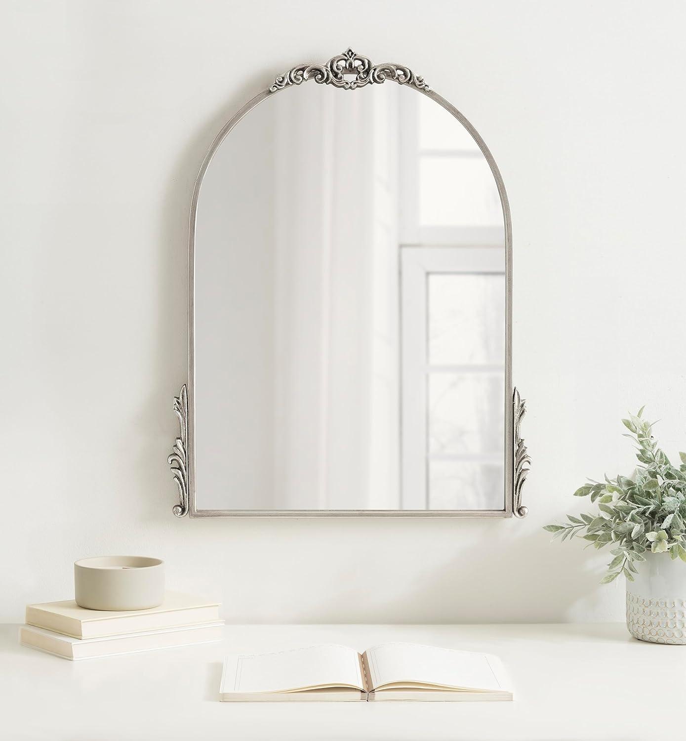 Kate & Laurel All Things Decor 21"x26" Myrcelle Decorative Framed Wall Mirror: Antique Silver, Arched, Ornate Garland Design