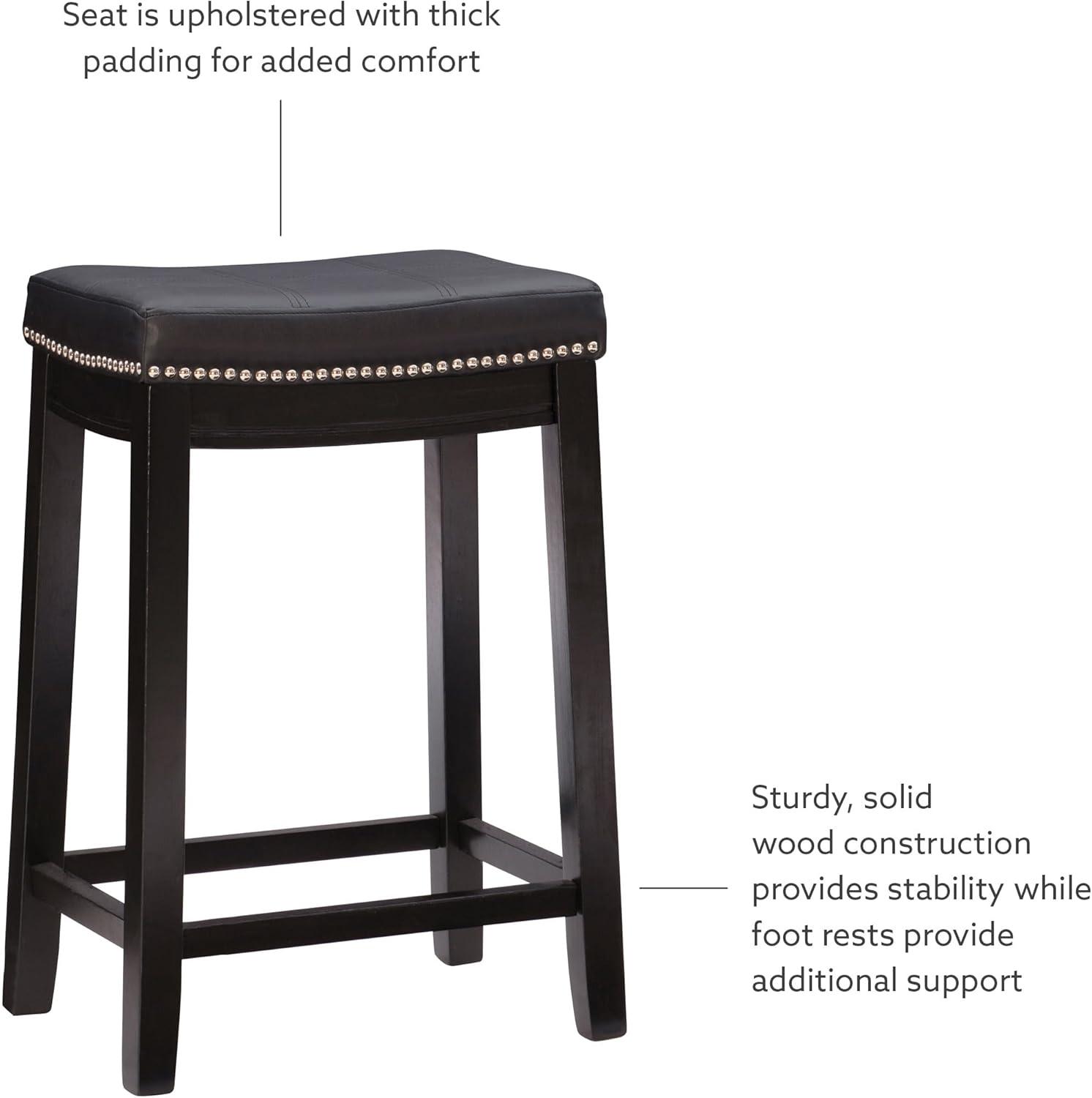 Linon Claridge Wood Backless Counter Stool Nailhead Trim Faux Leather in Black