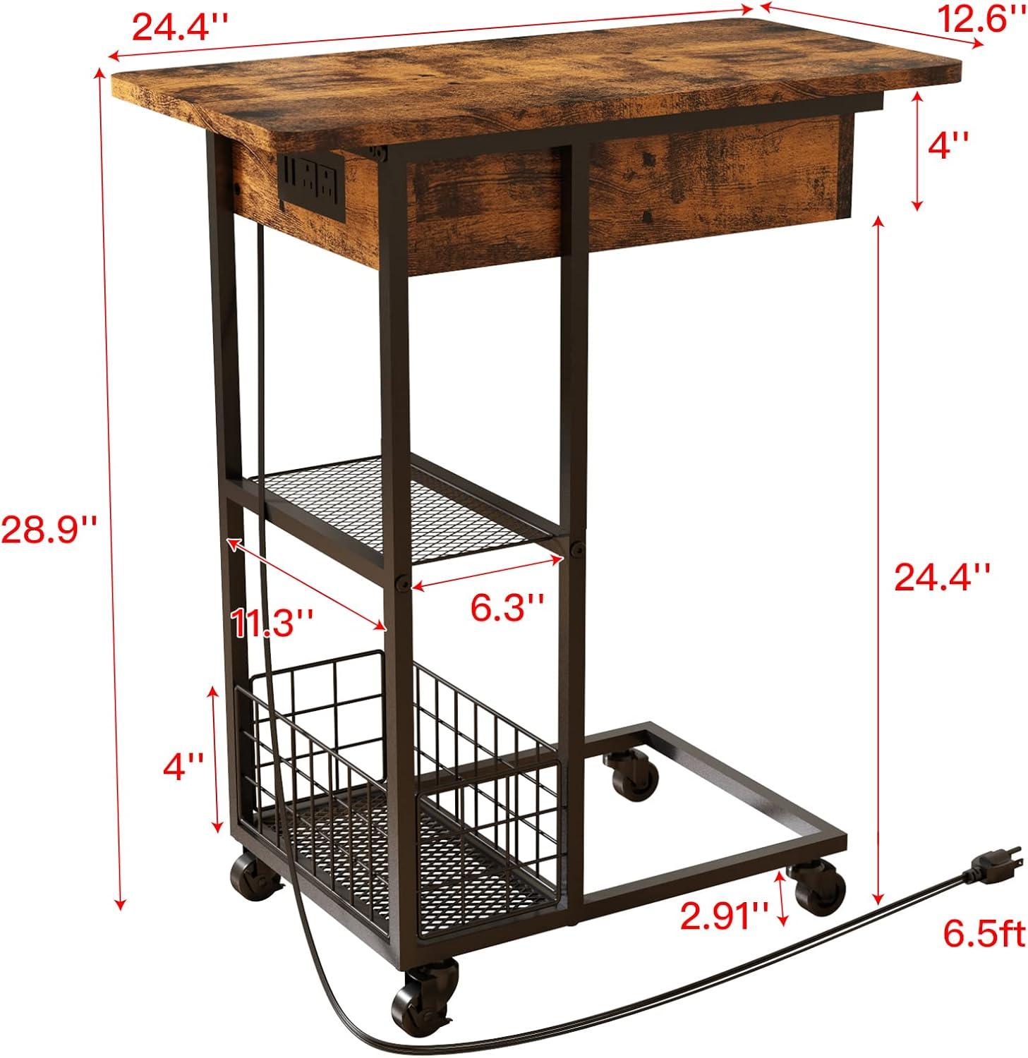 Accreate C Shaped End Table with Charging Station, Flip Top Sofa Side Table with USB Ports and Outlets