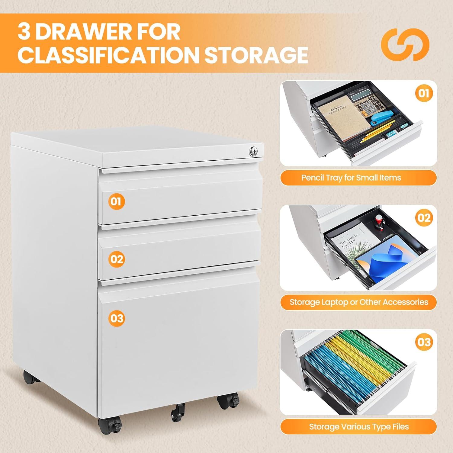 3 Drawer Mobile File Cabinet with Lock, Rolling File Cabinets for Home Office, Under Desk Small File Caninet on wheels, Metal Vertical White Filing Cabnet for Legal/Letter/A4 - Assembly Required