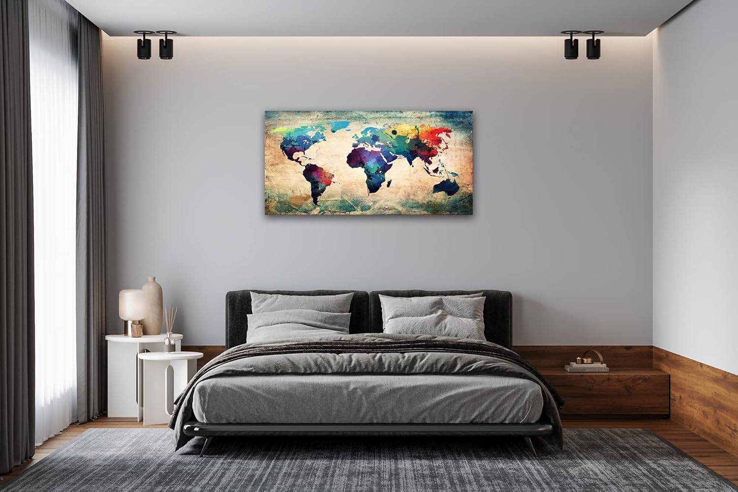 Baisuwallart-A62050 Abstract World Map Canvas Painting Vintage Posters Prints Colorful Wall Art Wall Pictures Framed Ready to Hang for Living Room Bedroom Office Home Decor