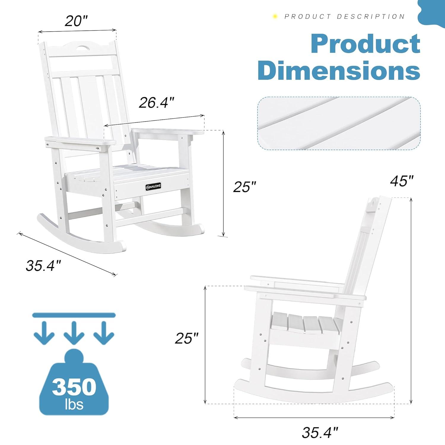 nalone Outdoor Rocking Chairs Set of 2, Oversized Porch Rocker Chair for Adult, All-Weather Resistant Patio Rocking Chair for Garden Lawn(White)