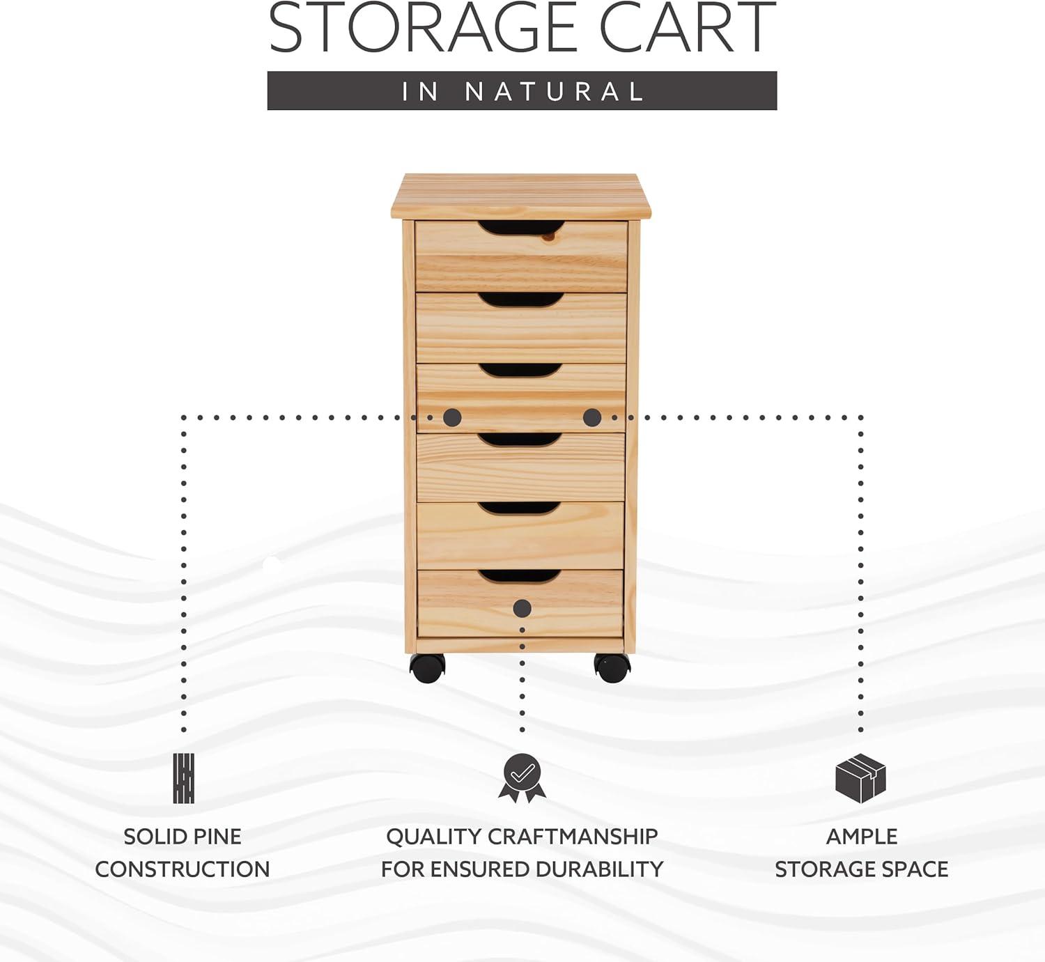 Natural Pine Six Drawer Rolling Storage Cart