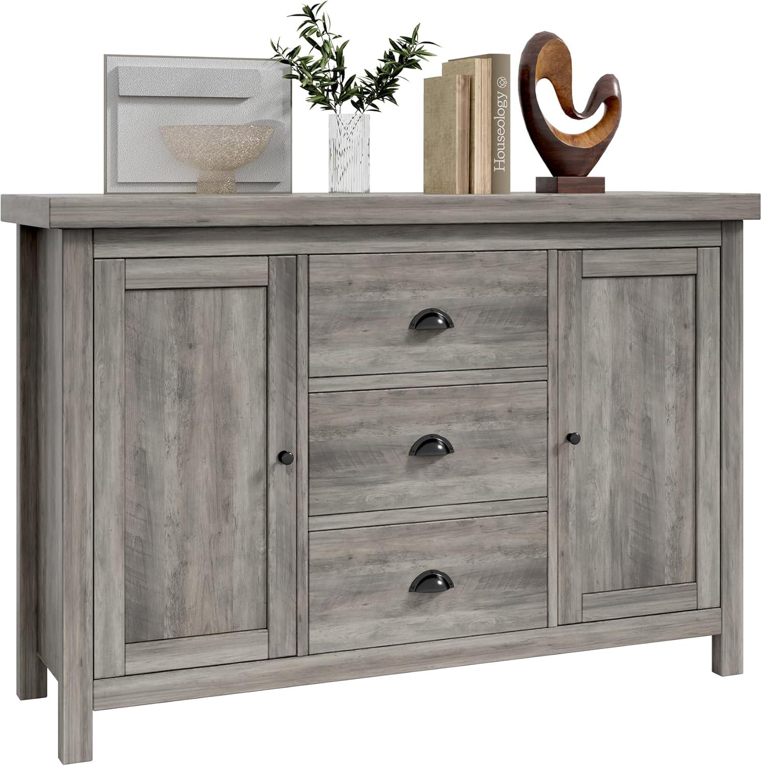 CREATIVE HOBBIES Buffet Sideboards, Kitchen Storage Cabinet, Large Storage with 3 Drawers and 2 Doors Sideboard, Farmhouse Rustic Cabinets with Adjustable Shelves for Kitchen, Dining Room