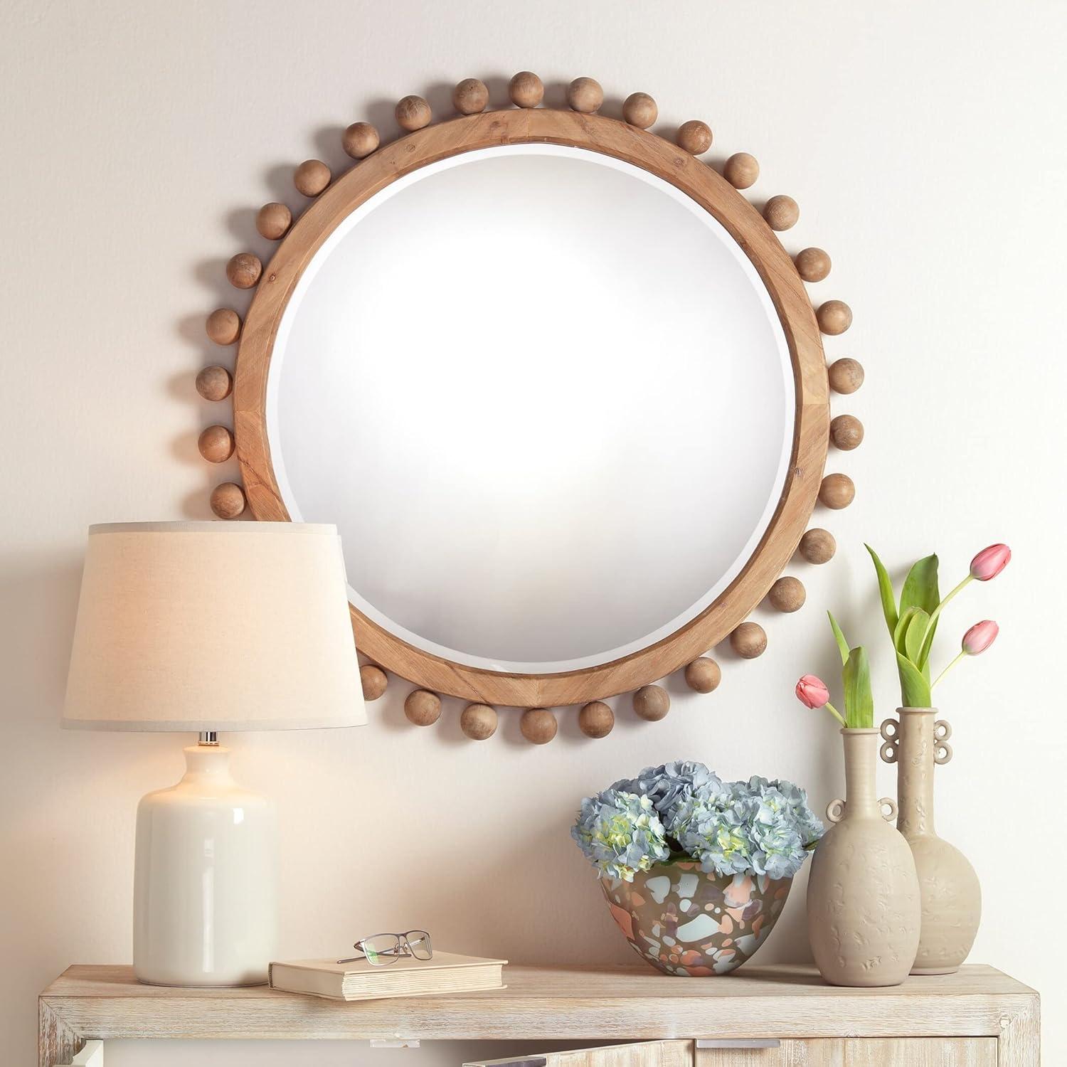 Orion Round Light Wood Mirror with Gold Ornamental Beads