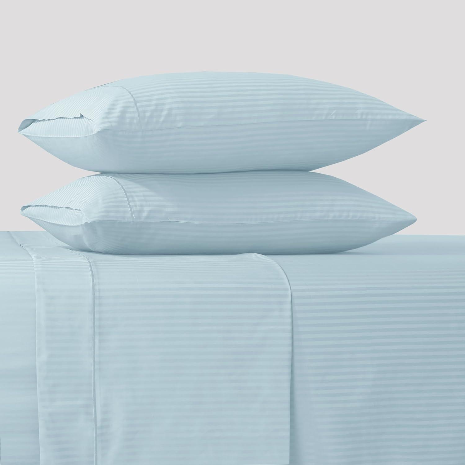 Feather & Stitch 500 TC Queen Size Damask Bed Sheet Set, 100% Cotton Soft Breathable Bedsheets, 4 Piece 18" Deep Pockets Sateen Weave Striped Bedding Mattress Resort Hotel Luxury- (Solid White, Queen)