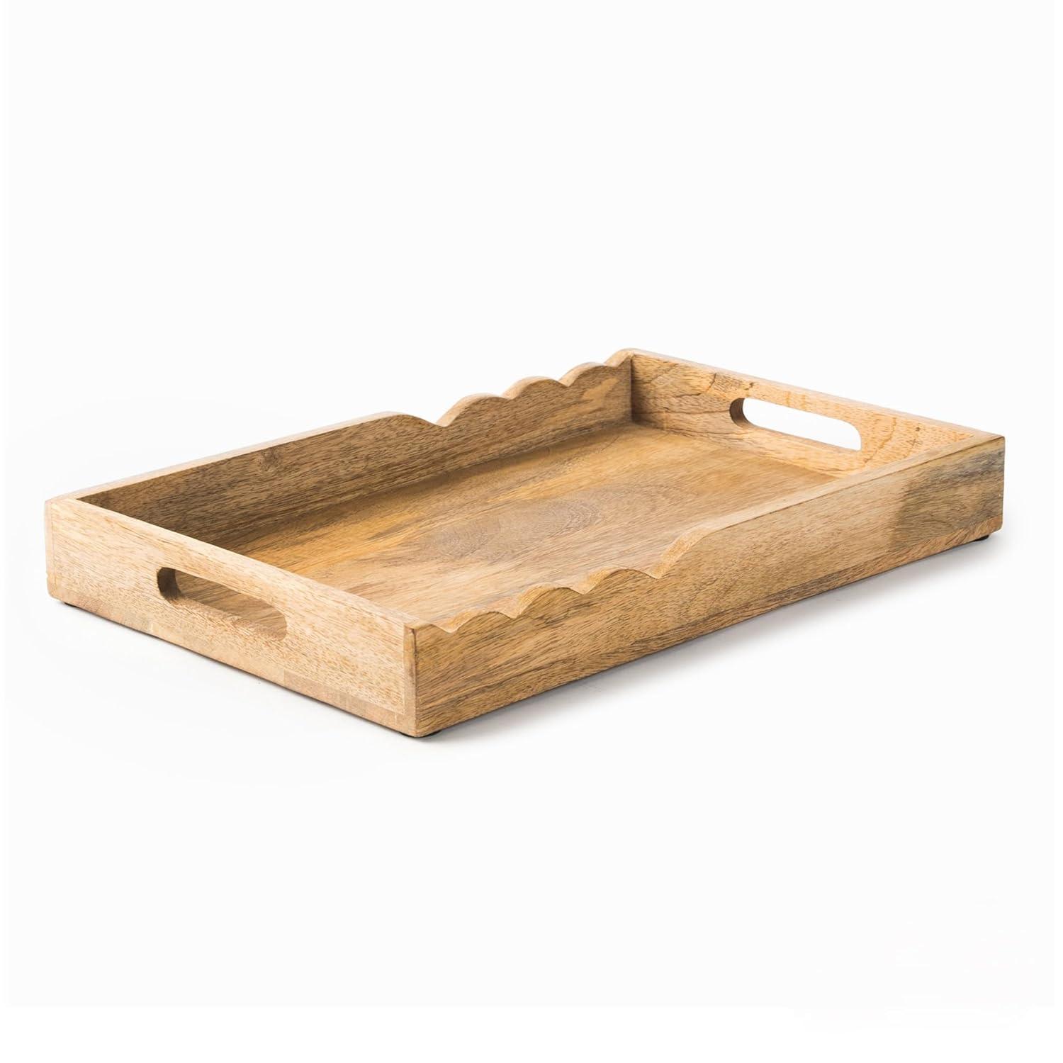 Mela Artisans Serving Tray with Elegant Scalloped Edges, Natural | 15" x 10" x 1.75" | Handcrafted Mango Wood Tray, Perfect for Breakfast, Tea/Coffee Serving, Home Décor, or Organizing