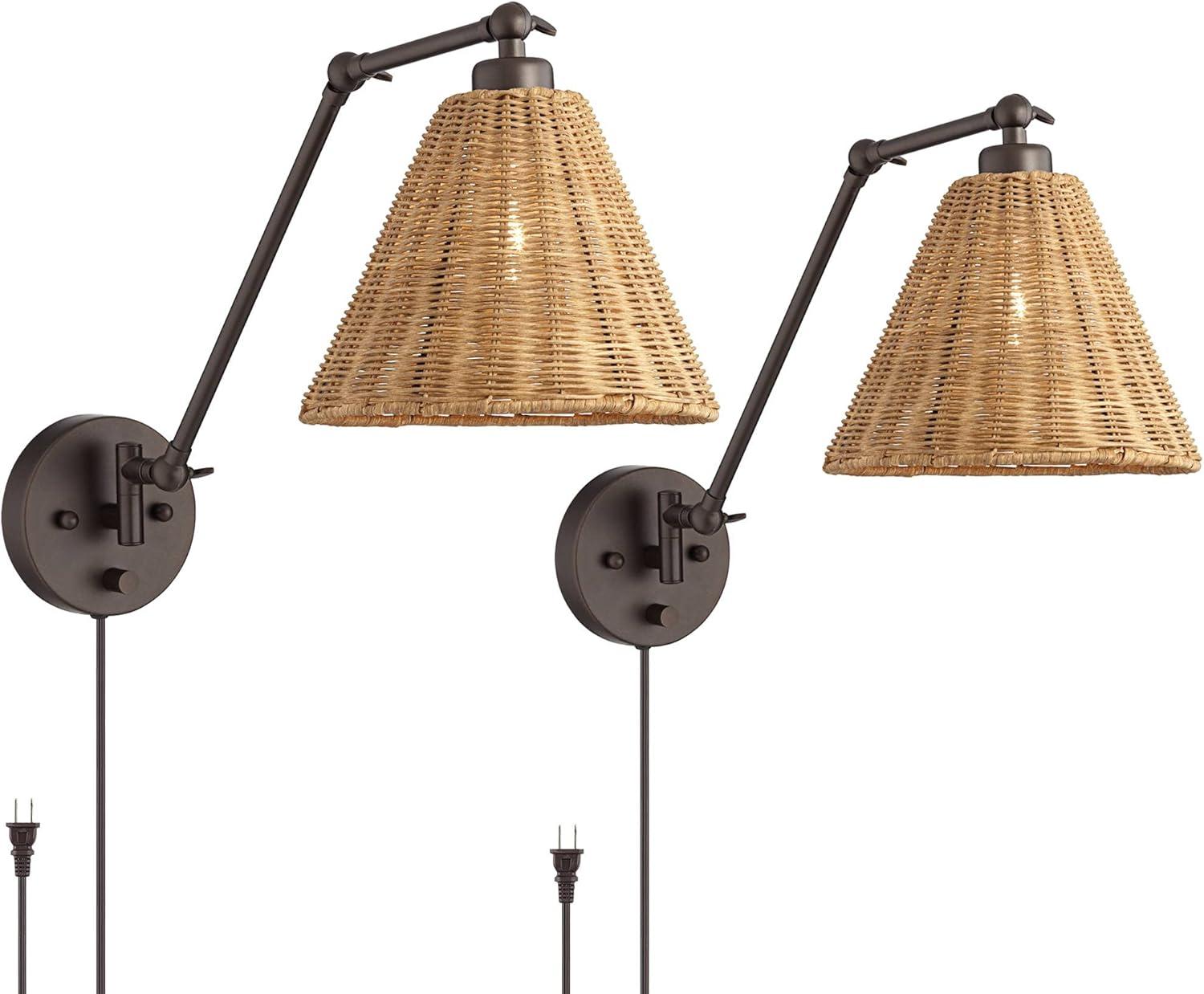 Bronze Mid Century Modern Swing Arm Wall Lamp with Natural Rattan Shade