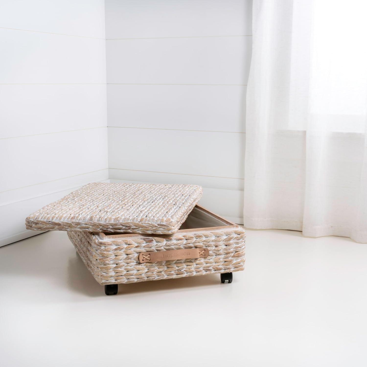 happimess Chett 26.38" Minimalist Hand-Woven Hyacinth/Wood Underbed Storage Bin with Wheels and Handles