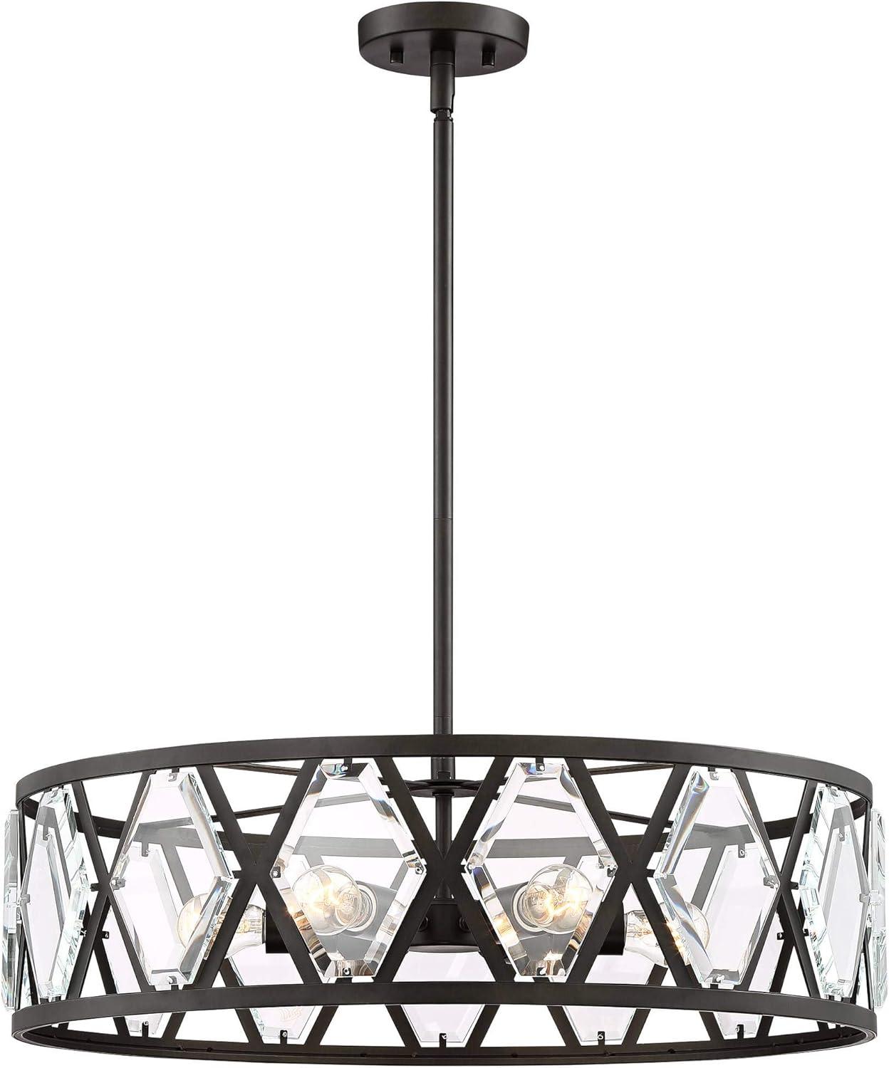 Regency Hill Lexington Black Pendant Chandelier 26" Wide Industrial Drum Clear Crystal 6-Light Fixture for Dining Room House Kitchen Island Entryway