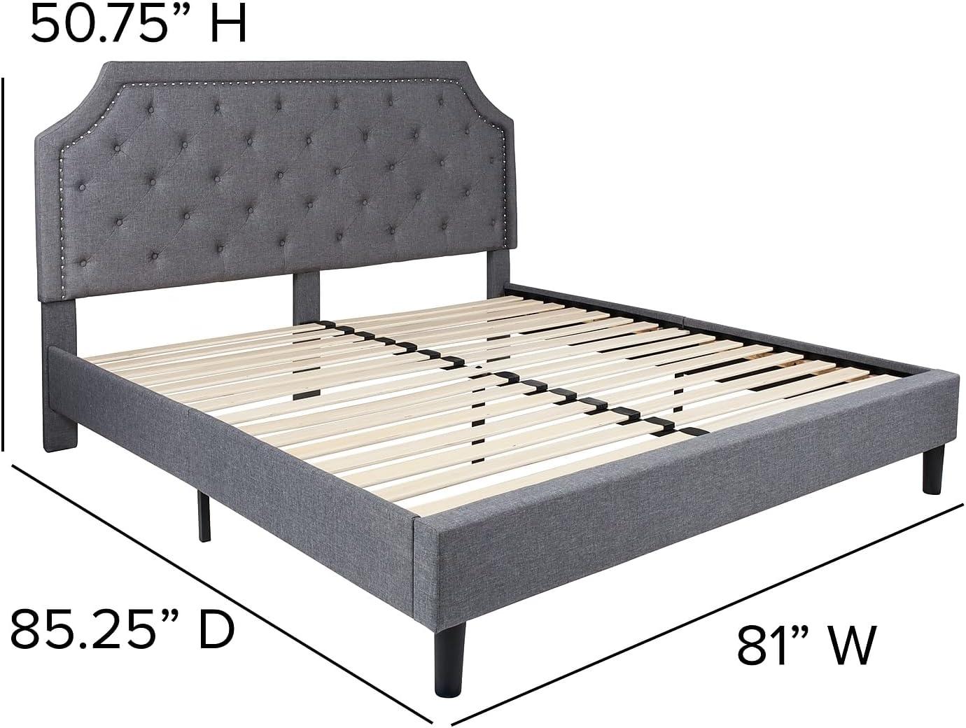 Elegant King-Sized Light Gray Upholstered Platform Bed with Nailhead Trim