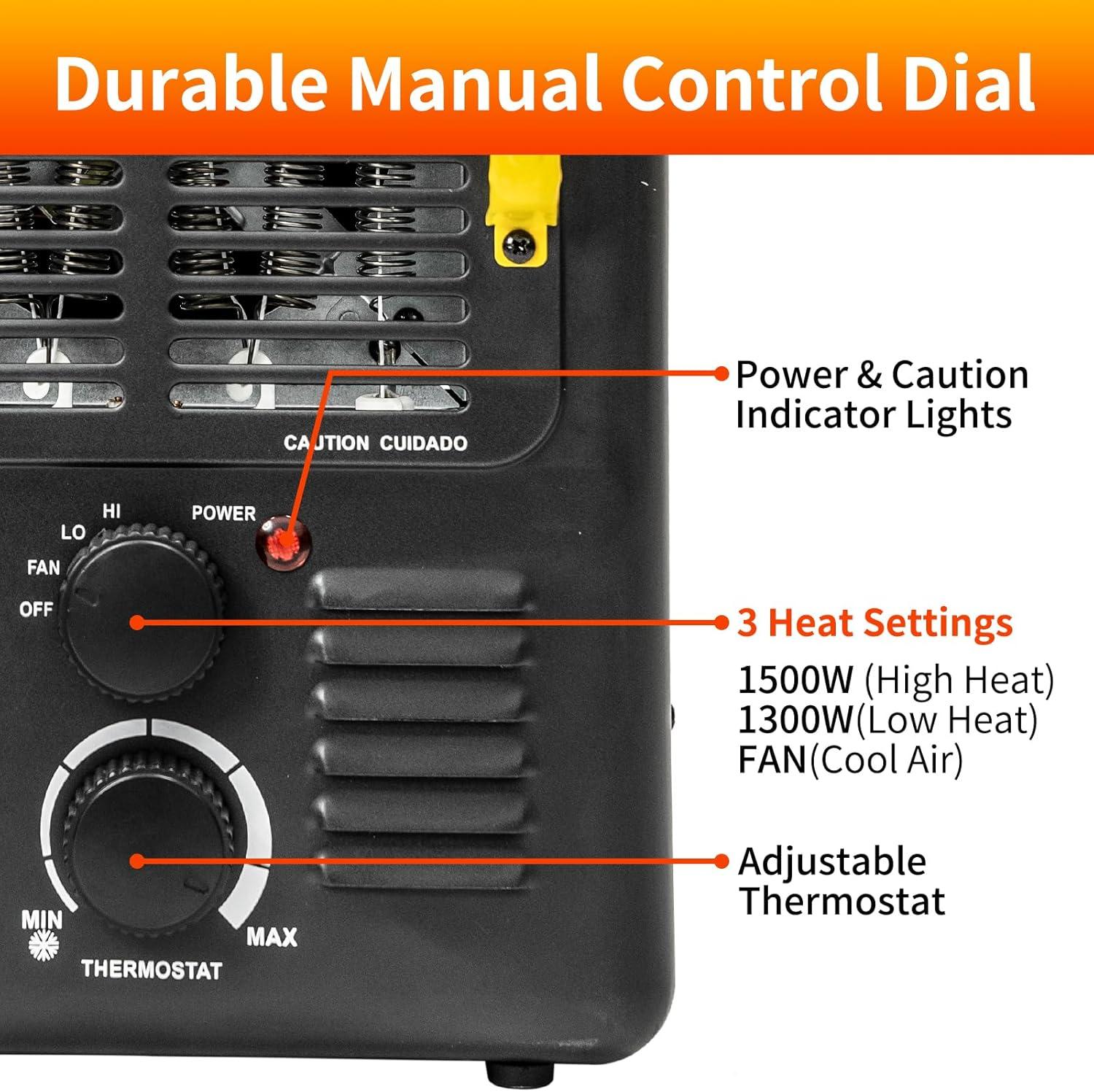 HiCFM Milkhouse Space Heater, 1300W/1500W Electric Heater with Thermostat, Safe and Quiet for Home Office Garage Workshop - UL Safety Listed