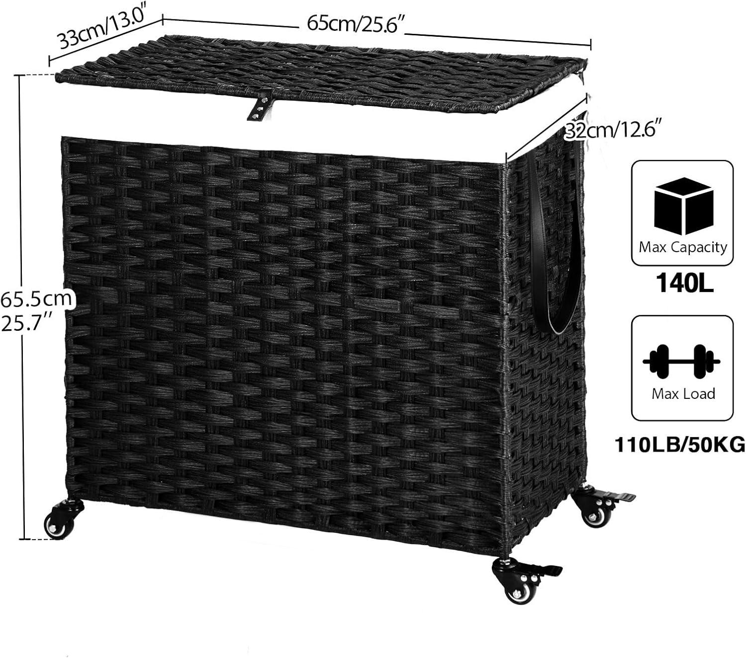 Greenstell Laundry Hamper with Wheels&Lid, 140L Large 3 Sections Clothes Hamper with 2 Types Removable Liner Bags, 5 Mesh Laundry Bags, Handwoven Divided Laundry Basket Black
