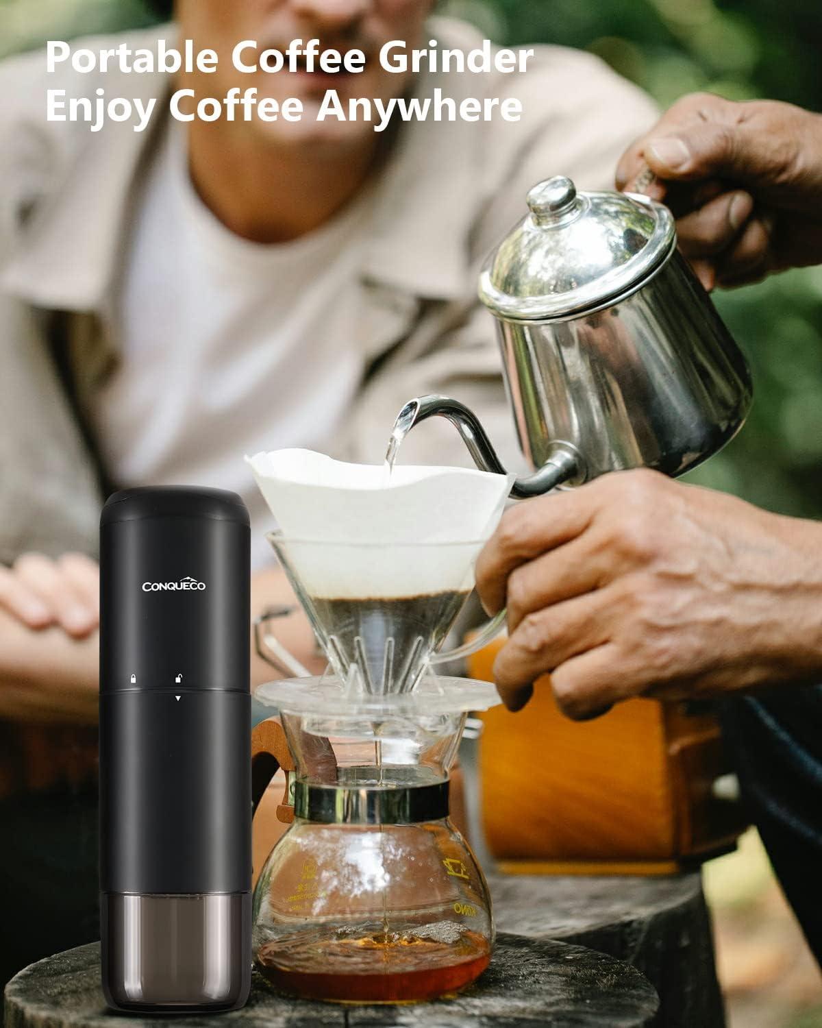 CONQUECO Portable Electric Coffee Grinder with Stainless Conical Burr, Rechargeable Professional Coffee Bean Grinding Machine with Multiple Settings, Black