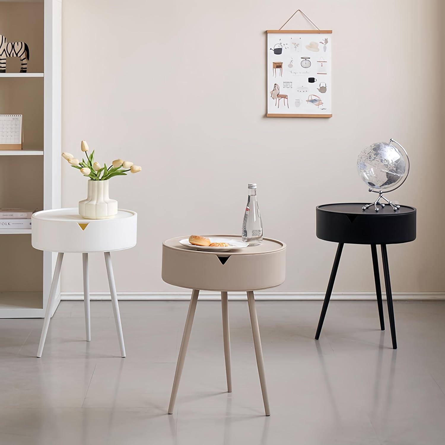 Round End Table With Storage For Living Room, Modern Small Side Table For Small Spaces,Nightstand Bedside Table For Bedroom Balcony