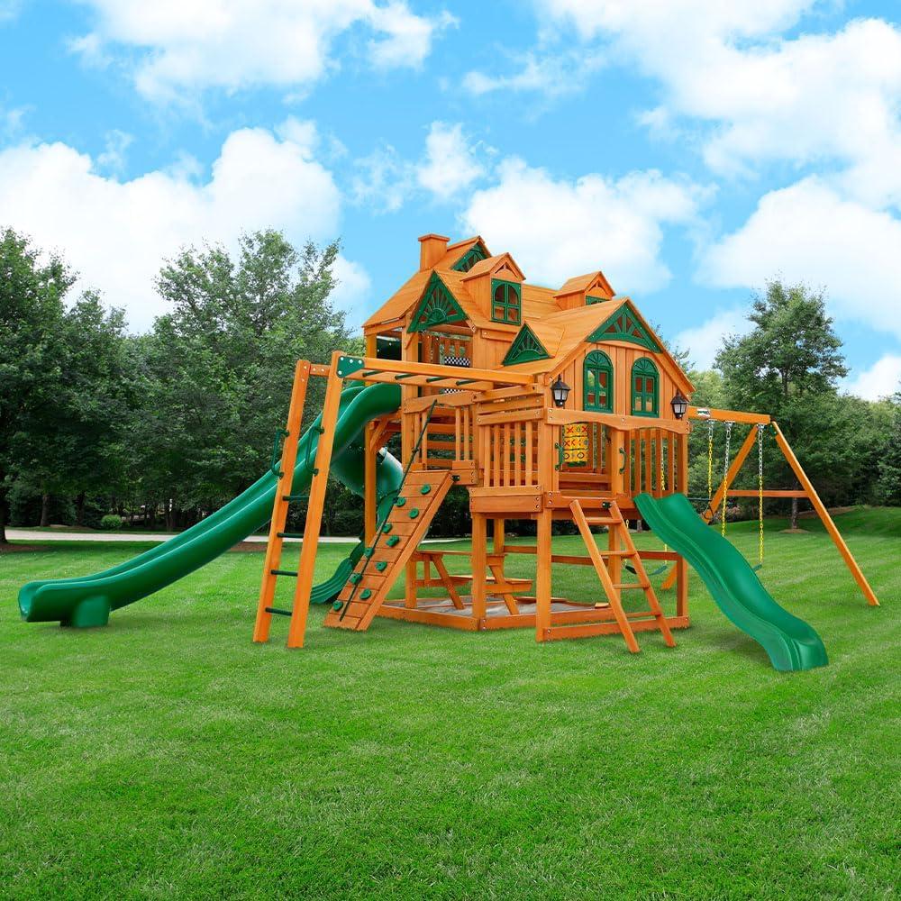 Gorilla Playsets Empire Wooden Swing Set with 2 Solar Wall Lights, Monkey Bars, and 3 Slides