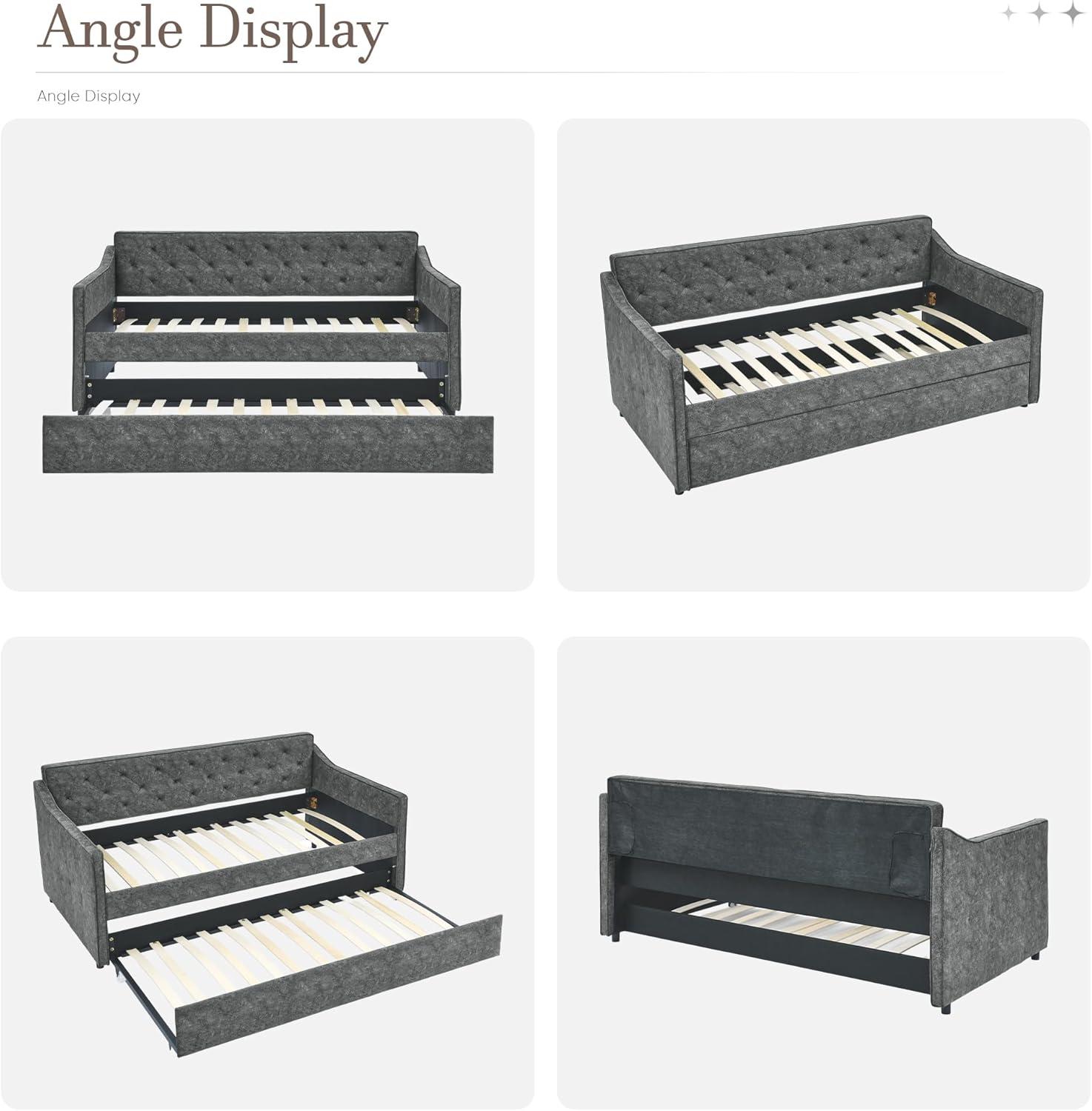 Kumix Twin Size Daybed with Trundle, Upholstered Tufted Sofa Bed with Waved Shape Arms for Kids Teens Adults Guest, Upholstered Tufted Daybed Frame for Bedroom, Noise-Free, Easy Assembly, Grey