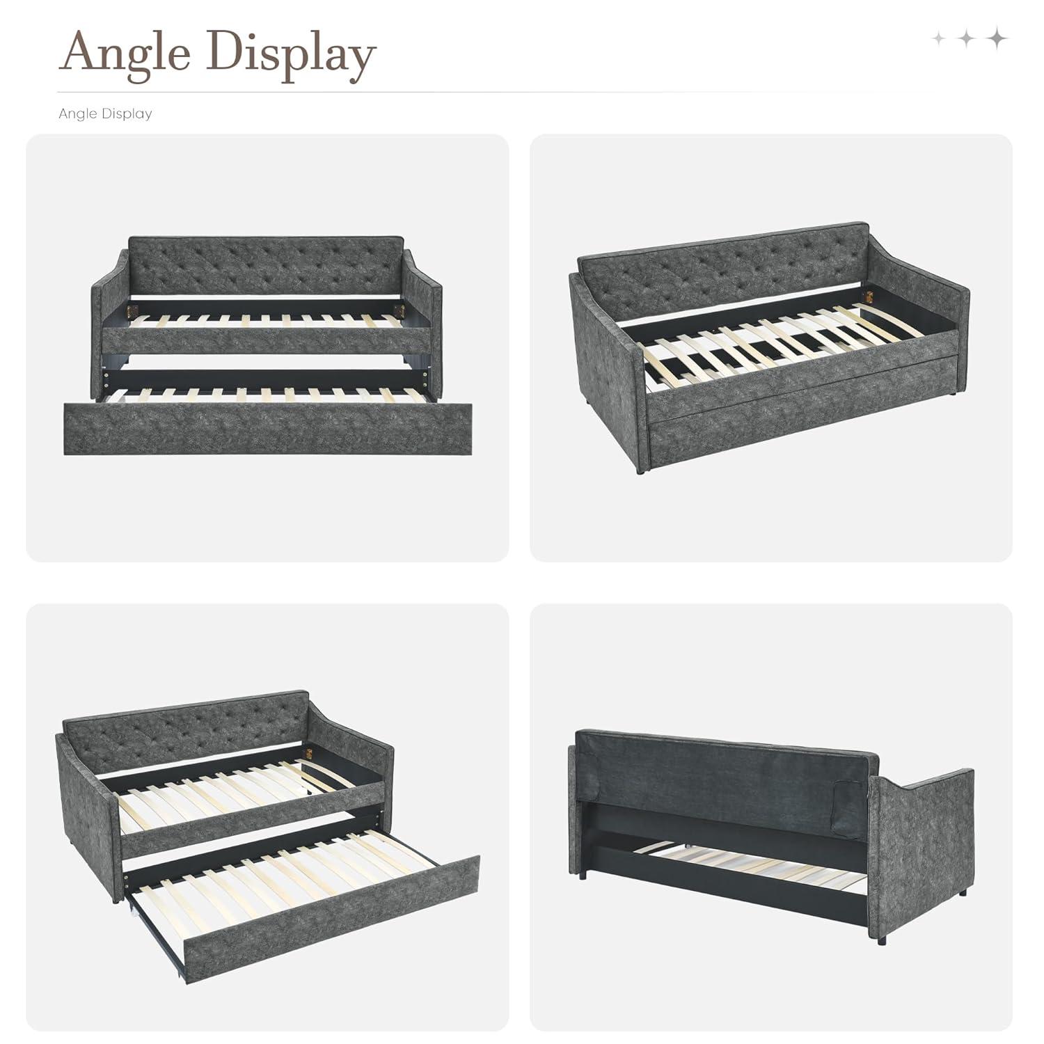 Kumix Twin Size Daybed with Trundle, Upholstered Tufted Sofa Bed with Waved Shape Arms for Kids Teens Adults Guest, Upholstered Tufted Daybed Frame for Bedroom, Noise-Free, Easy Assembly, Grey