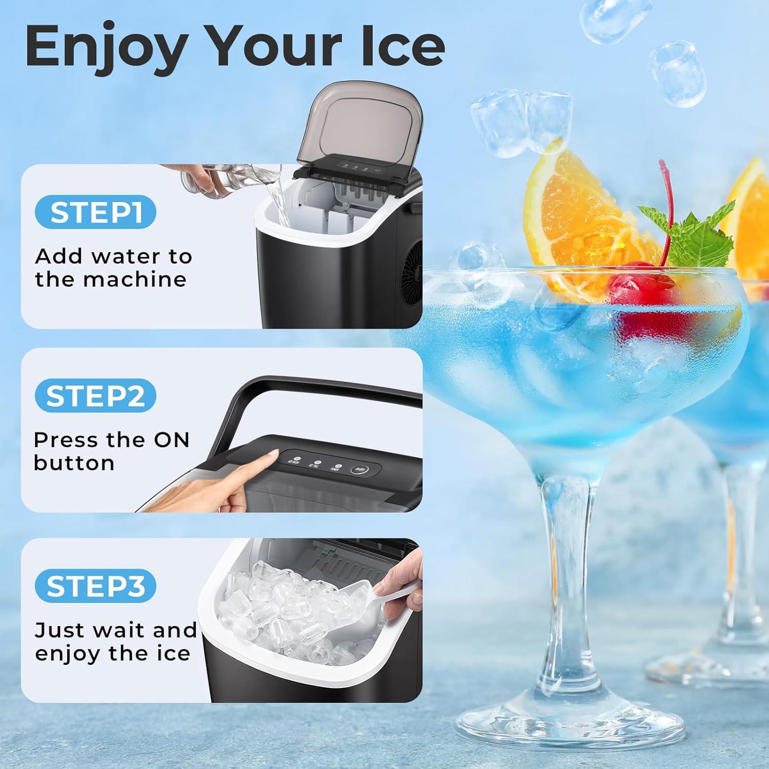 R.W.FLAME Ice Makers Countertop with Handle,26.5Lbs/24H,9 Cubes in 6 Mins,2 Sizes of Bullet Ice,Portable Ice Maker Machine with Self-Cleaning, green